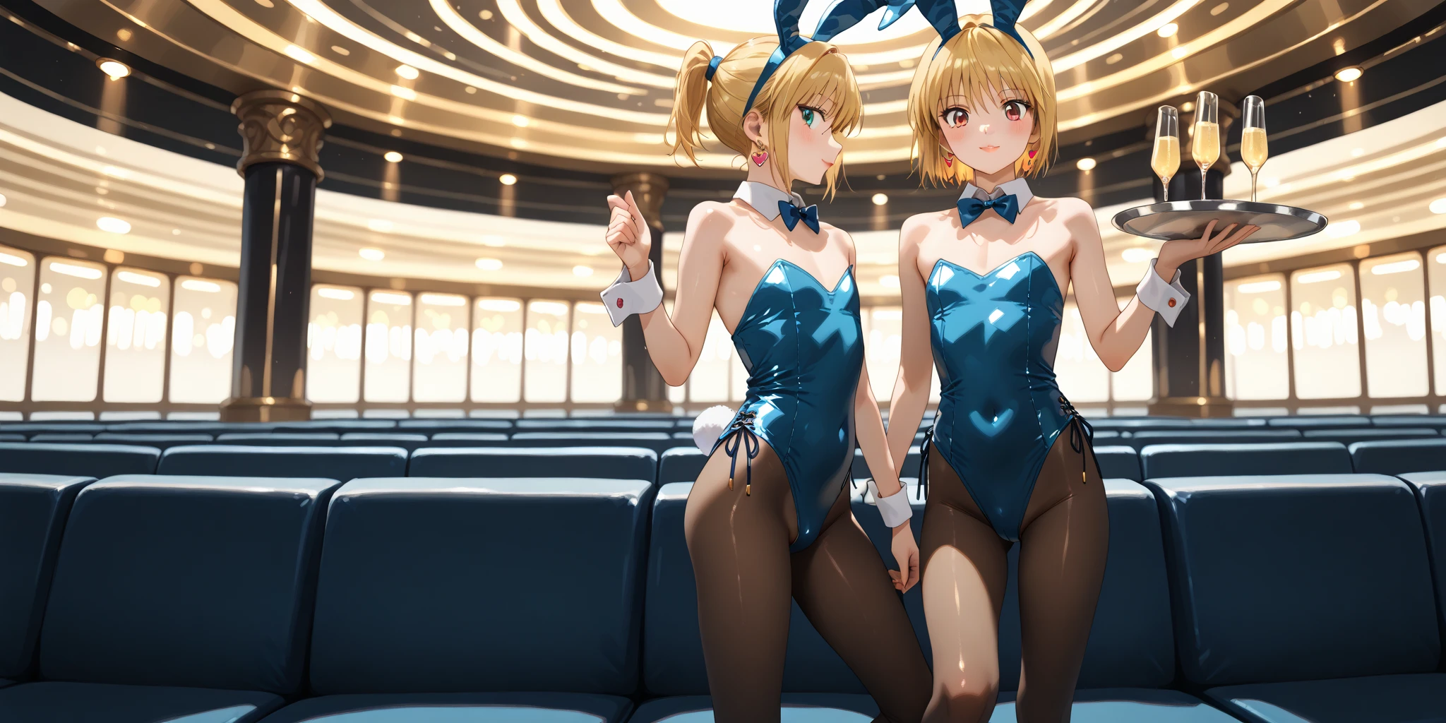 (masterpiece), (2 girls), Female Cloud Strife, Tifa Lockhart, black bunny suit, white bunny suit, thight stockings, high heels, tray on a hand, sexy smile, light blush, looking at viewer, huge breasts, precise hands, detailed face, sexy pose