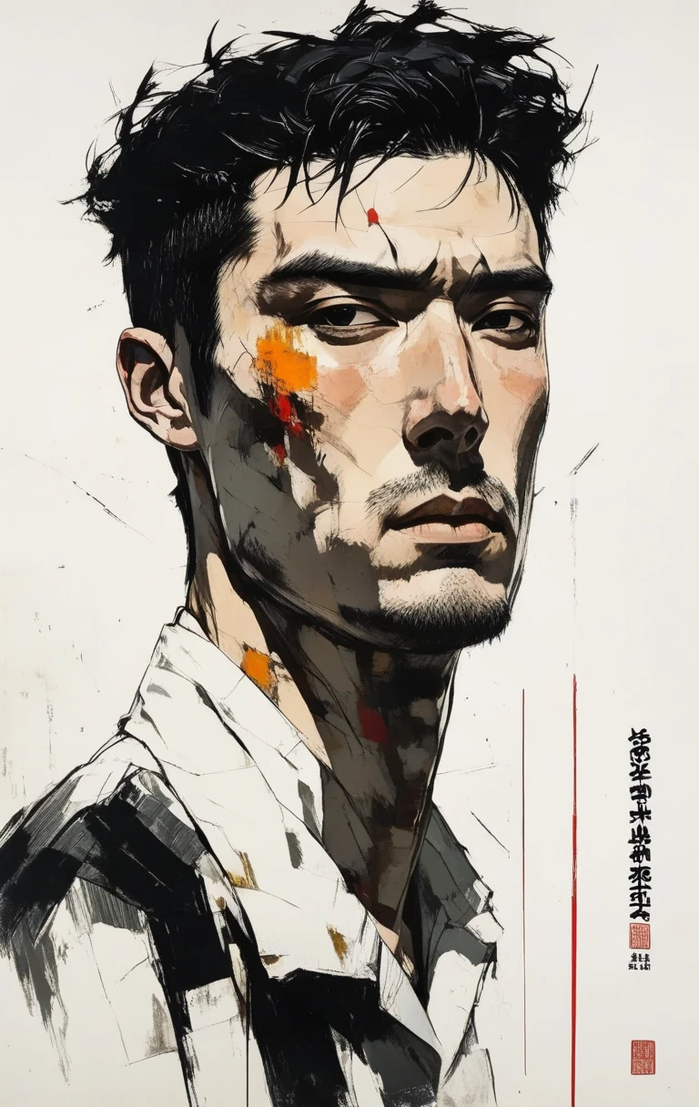 arafed man with asian writing on his body and chest, inspired by Xie Huan, chinese artist, inspired by Zhang Xiaogang, ruan jian, inspired by Zhang Kechun, david mack, inspired by Wang Ximeng, by Li Zai, by Weiwei, yan, inspired by Martin Schoeller, asian man, wei wang, inspired by Wang Zhenpeng