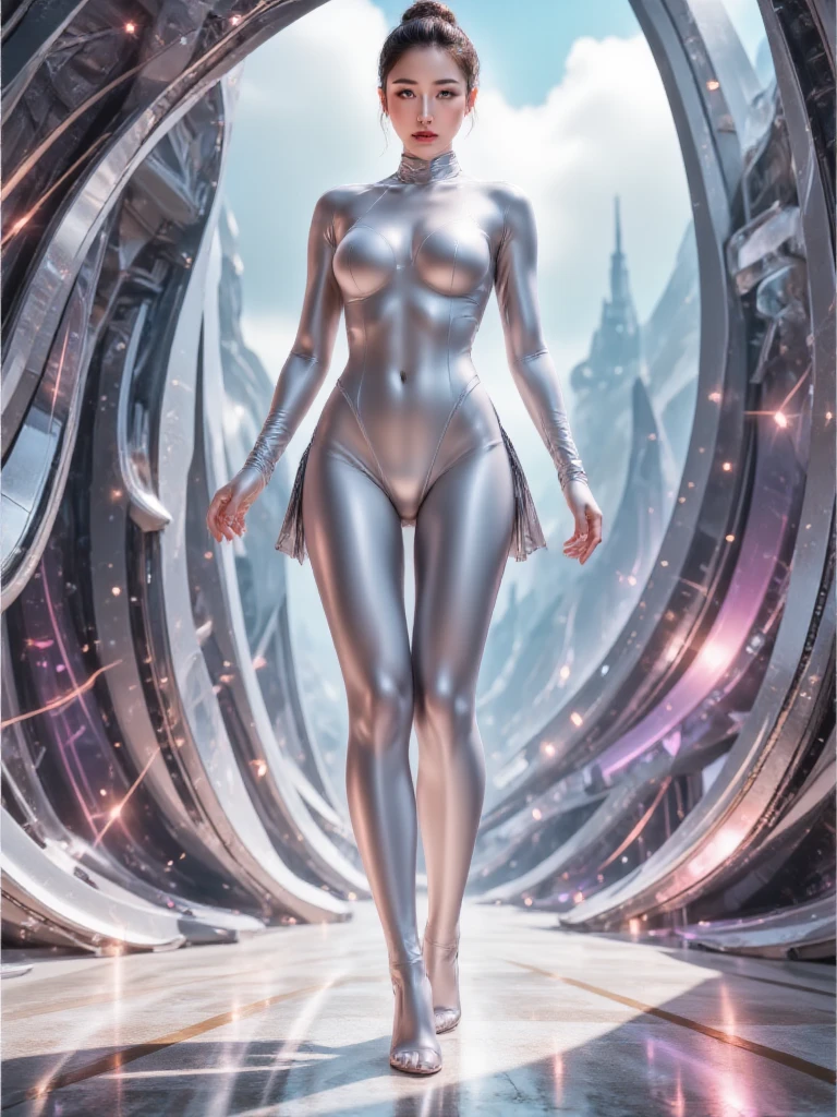 Character: young space babes Sexy reflective metallic long-sleeved shiny silver leotard that extends over her hands like gloves Tall neck with a wide vertical white stripe that runs from the neck down to the groin High-cut, super tight, and form-fitting mirror metallic fabric leotard Legs and Footwear: Bare legs paired with long boots Physical Features: Very curvy, sexy, big chest, shapely bodies, sexy bare legs Accessories: Goggles, retro raygun Background: sci-fi background, model sheet, nude legs