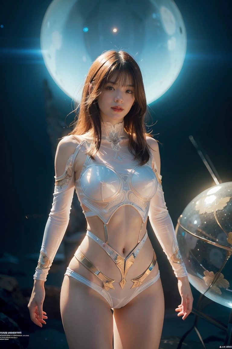 (Best quality at best, tmasterpiece), 1 girl, Particle, ventania,(highdetailskin:1.2), (humongous large breast:1.3),looking at viewert, black wild long hair, White tight gelcoat，Background with，cosmic, Starcloud, galaxias。