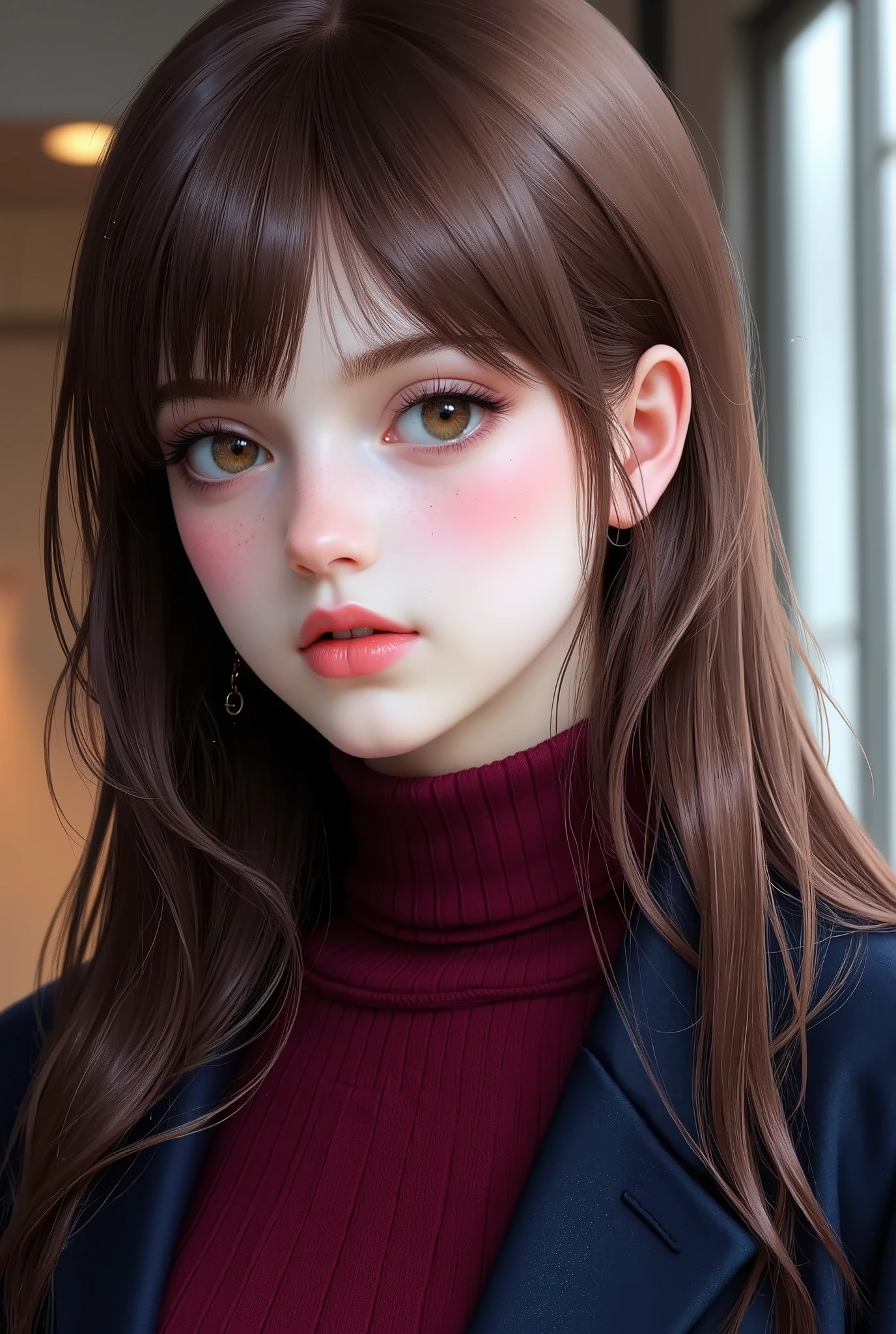 Girl, long brown hair, brown eyes, sharp features, light white skin, shiny light pink lips, different, beautiful, perfect hairstyle, wearing a dark cherry red sweater, dark blue formal jacket, high quality resolution, bright colors.
