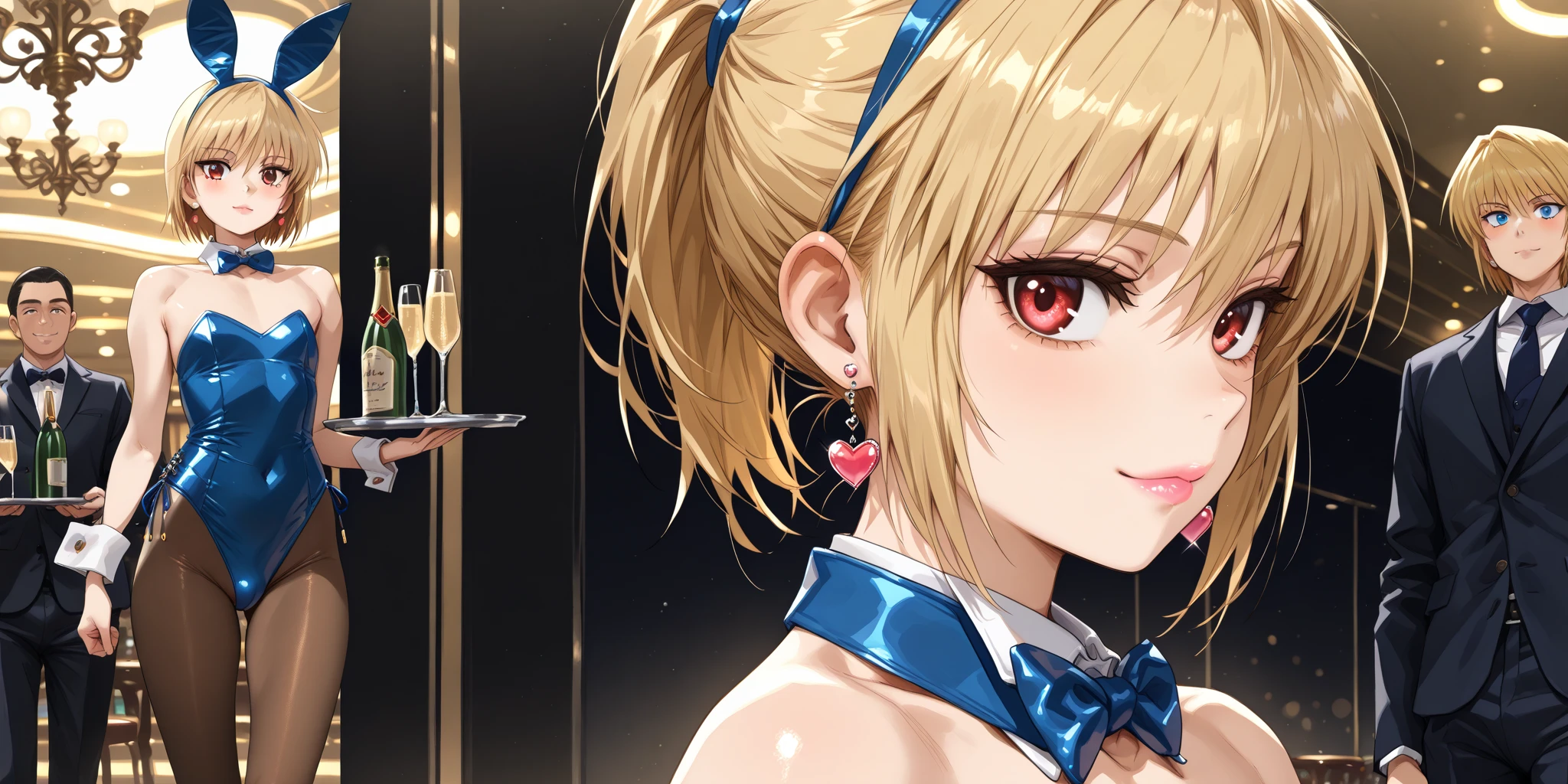masterpiece, best quality, amazing quality, very aesthetic, absurdres, newest, scenery,highly detailed,high-resolution,close-up portrait,(best quality , 8k , masterpiece , incredibly absurdres , beautiful man , perfect body ,super detailed skin , highly detailed eyes and face) ,beautiful shiny lips,high fashion, dramatic lighting, warm colors, beautiful eyes,stunning,stylish,seductive face, Anime-style painting style,shiny skin,(focus on man),(standing,open leg),profile,side view,looking at the viewer,japanese, male,mature man,(cute man),1male.Kurapika,hxh,blonde,high ponytail hair,short ponytail hair,scarlet eyes,sanpaku eyes,muscular physique,long legs,mfair skin,glossy texture,pink lips,male chest,flat chest, earrings glossy lips,heart gemstone earrings,fit,wearing blue clothes,((playboy bunny)),(blue bunny ears headband),(Small bulge in crotch),bulge,brown tights,casino hall,big sofa,(Holding a tray of bottles and champagne glasses),focused subject,sharp focus,medium depth of field,slight smile,looking at viewer,from the side,clean lines,smooth lines,sharp,masterpiece, best quality, amazing quality, very aesthetic, absurdres, newest, scenery,score_9, score_8_up, score_7_up, source_manga, colored, Tite Kubo manga style, mikoyanstyle