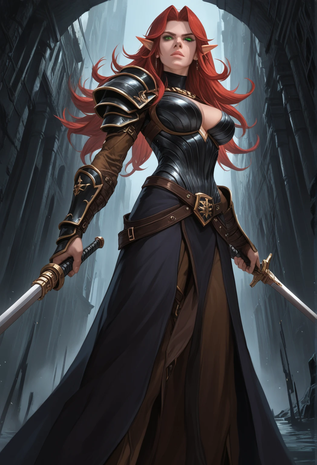 (masterpiece),(best quality),(ultra-detailed),(best illustration),(best shadow),(absurdres),(detailed background),(very aesthetic),sara valestein, sen12, 1girl, weapon, solo, sword, breasts, cleavage, smile, yellow eyes, thighhighs, choker, belt, holding,