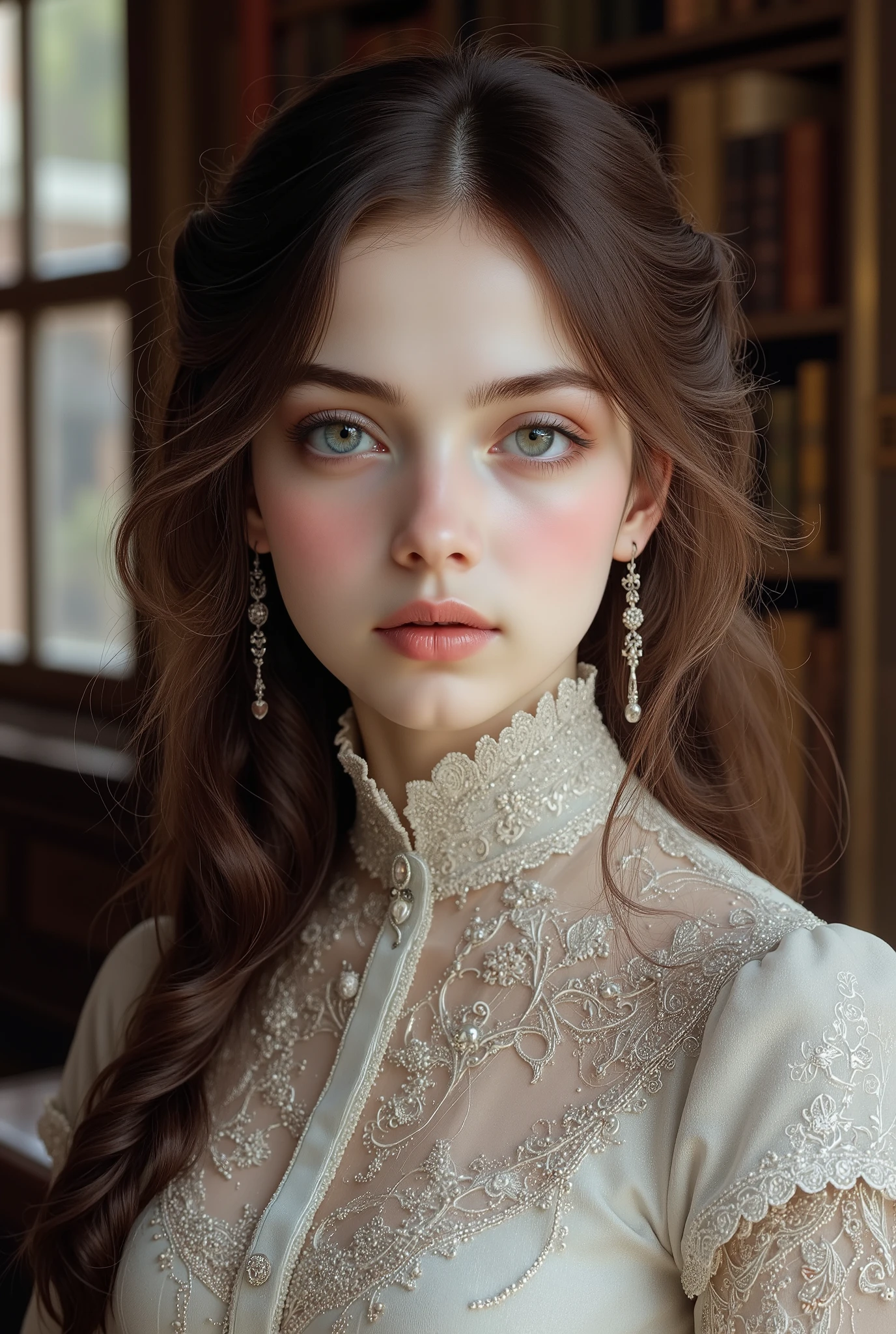 Girl, long soft brown hair, hazel eyes, sharp features, white skin, light pink lips, beautiful, perfect, elegant, wearing a Victorian dress with sleeves, palace library room background, high quality resolution, clear bright colors.