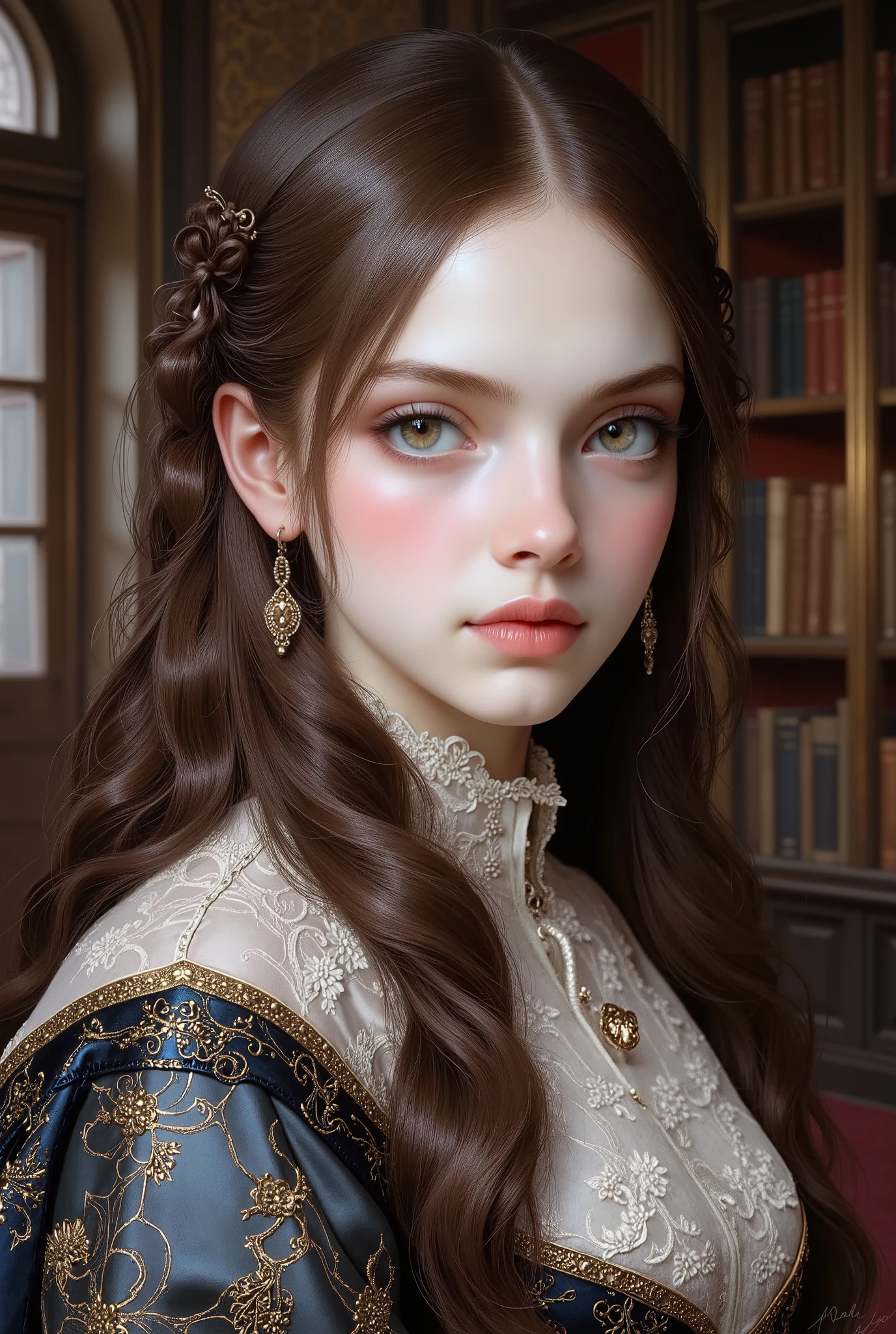 Girl, long soft brown hair, hazel eyes, sharp features, white skin, light pink lips, beautiful, perfect, elegant, wearing a Victorian dress with sleeves, palace library room background, high quality resolution, clear bright colors.