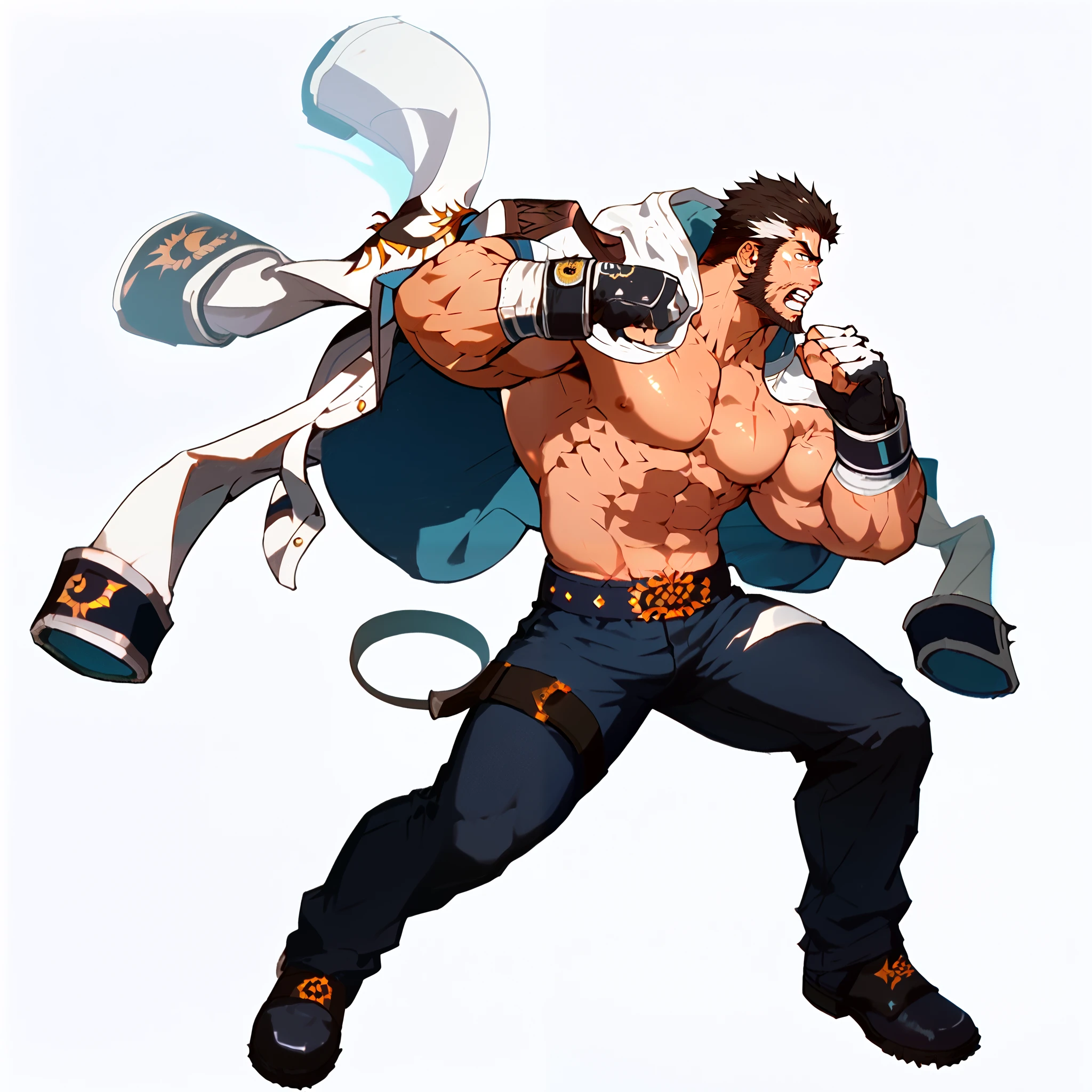 Score_9, Score_8_up, Score_7_up, Highly Detailed, fine details, White background,  1 boy , 's only,  mature male,  short hair, black hair, white streak, Gloves, jacket,  Topless ,nipple, scar,  biceps , beard, jacket on shoulders,  manhood , front,Profile,armpit,full body, Boxing Stance 