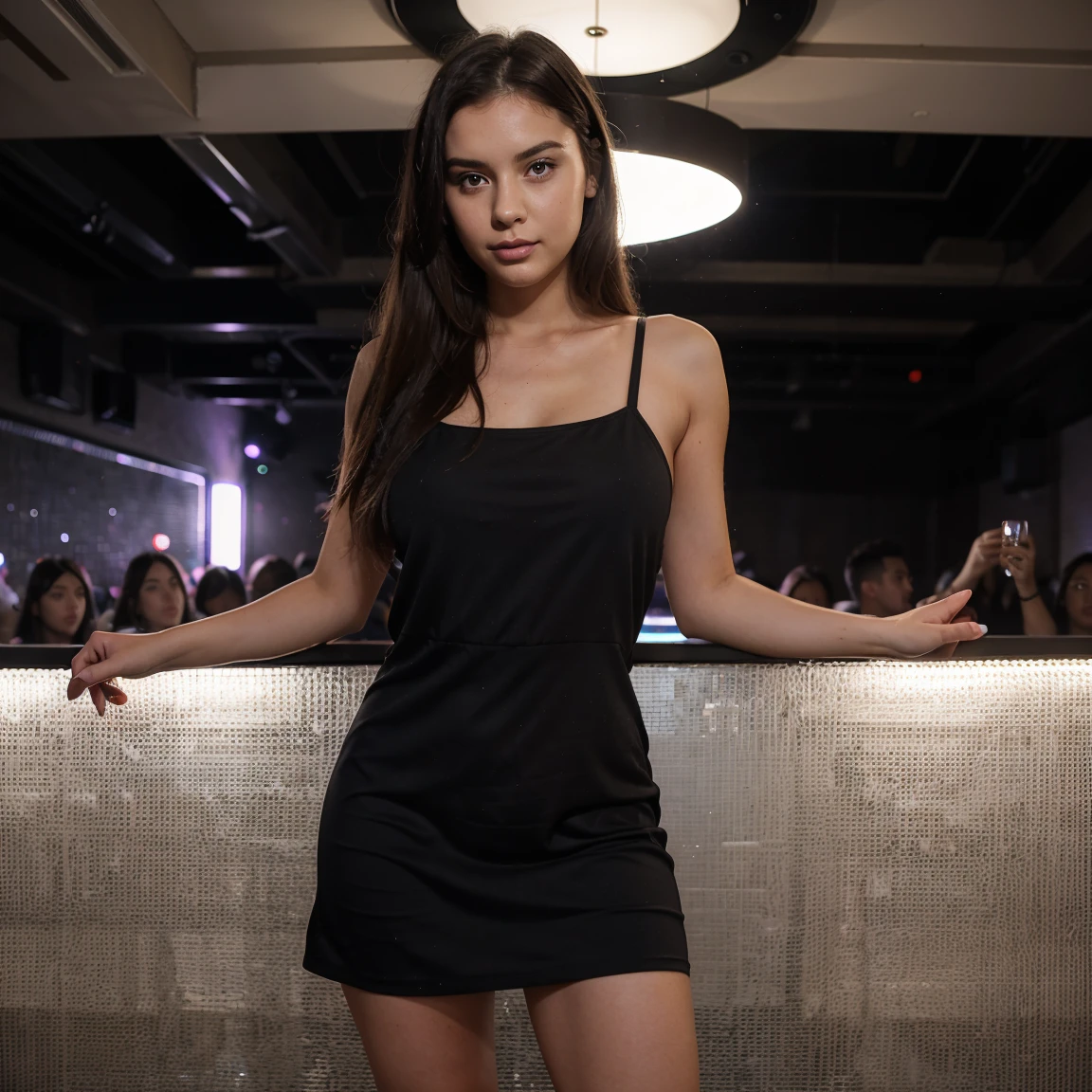Beautiful Girl with black long hair light brown eyes fair skin tone in black dress posing in club