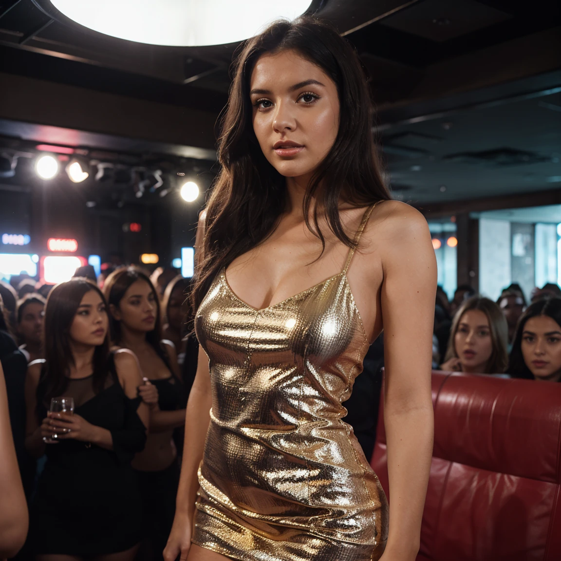 a beautiful young woman, slim, healthy, happy expression, satisfied with her body, wearing an elegant dress, at a party, club, or disco, not overly sexy, perfect for a fitness recipe Instagram profile photo, detailed portrait with intricate details, cinematic lighting and warm colors, soft focus, delicate facial features, luscious hair, elegant pose, inviting and professional atmosphere