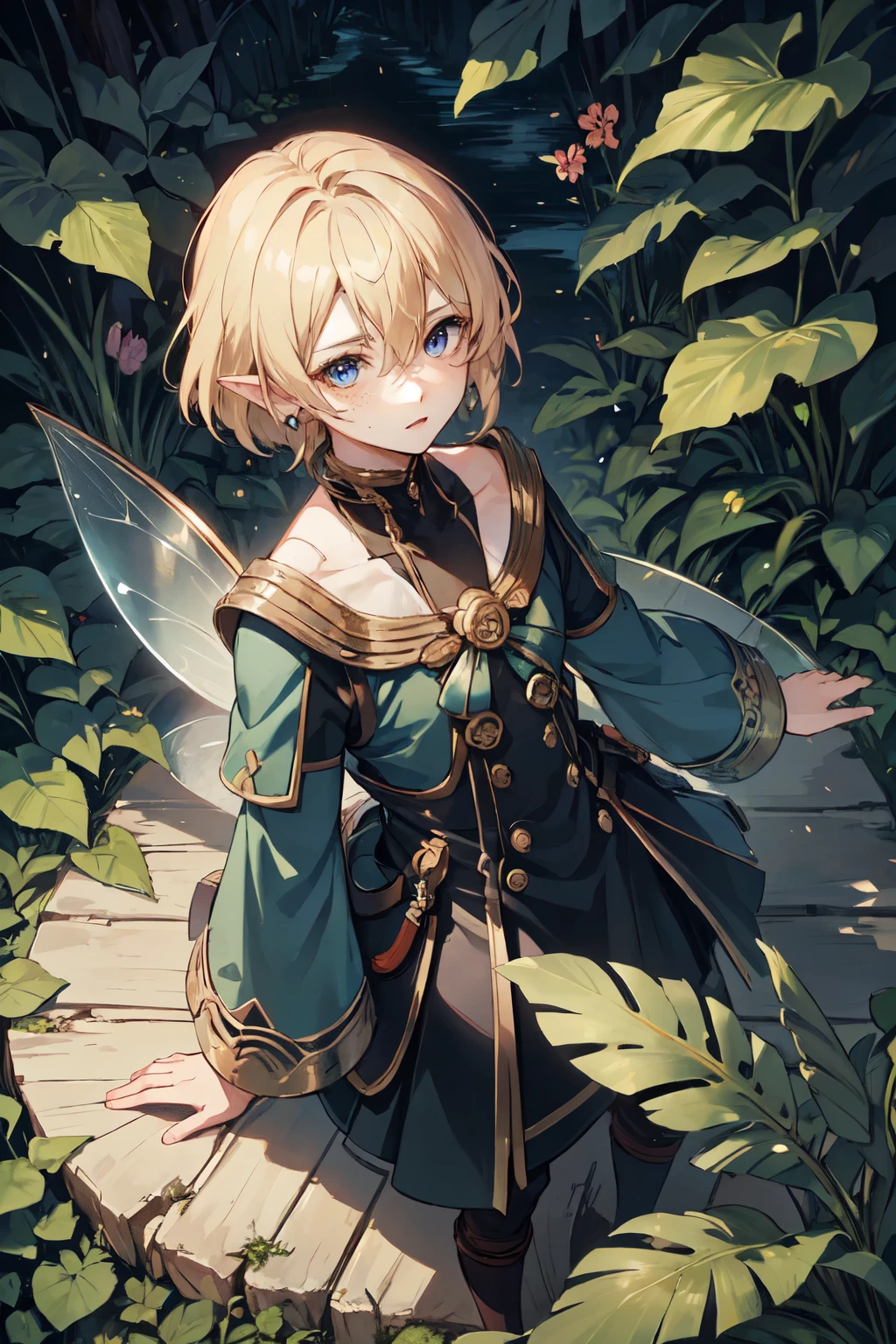 One young man, anime, 4K, masterpiece, chin-length blonde hair, pointed ears, hairy, fairy wings, tiny fairy, amongst the forest, surrounded by giant plants, as viewed from above, bishounen, one character, dark forest, surrounded by leaves larger than character, giant leaves in foreground, character walking through giant leaves, light blonde hair, dark blue eyes, freckles, short hair, wearing navy blue, wearing golden accessories, beautiful, cute, male, boy, male fairy, male pixie, chin length hair, beautiful boy