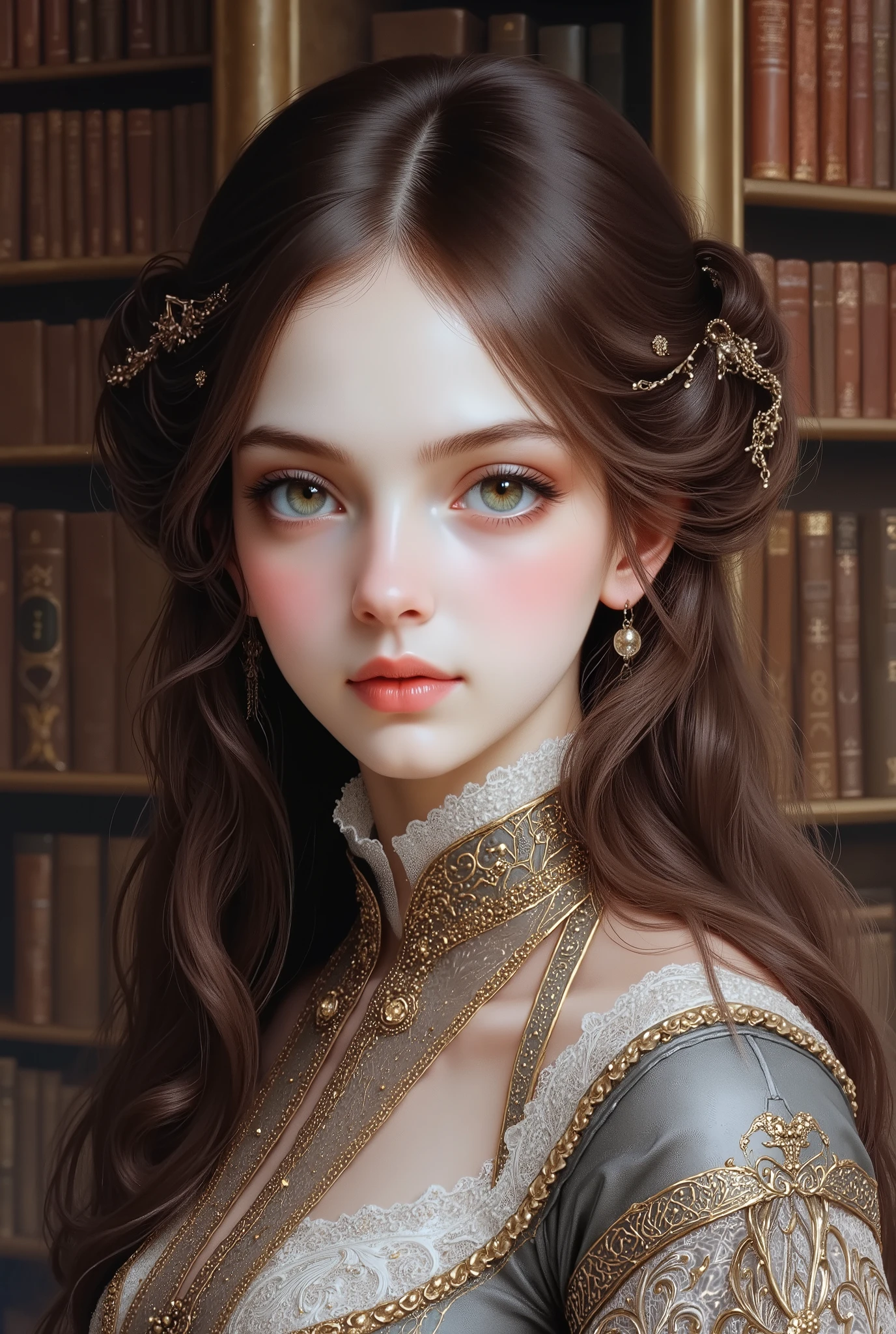 Girl, long soft brown hair, hazel eyes, sharp features, white skin, light pink lips, beautiful, perfect, elegant, wearing a Victorian dress with sleeves, palace library room background, high quality resolution, clear bright colors.
