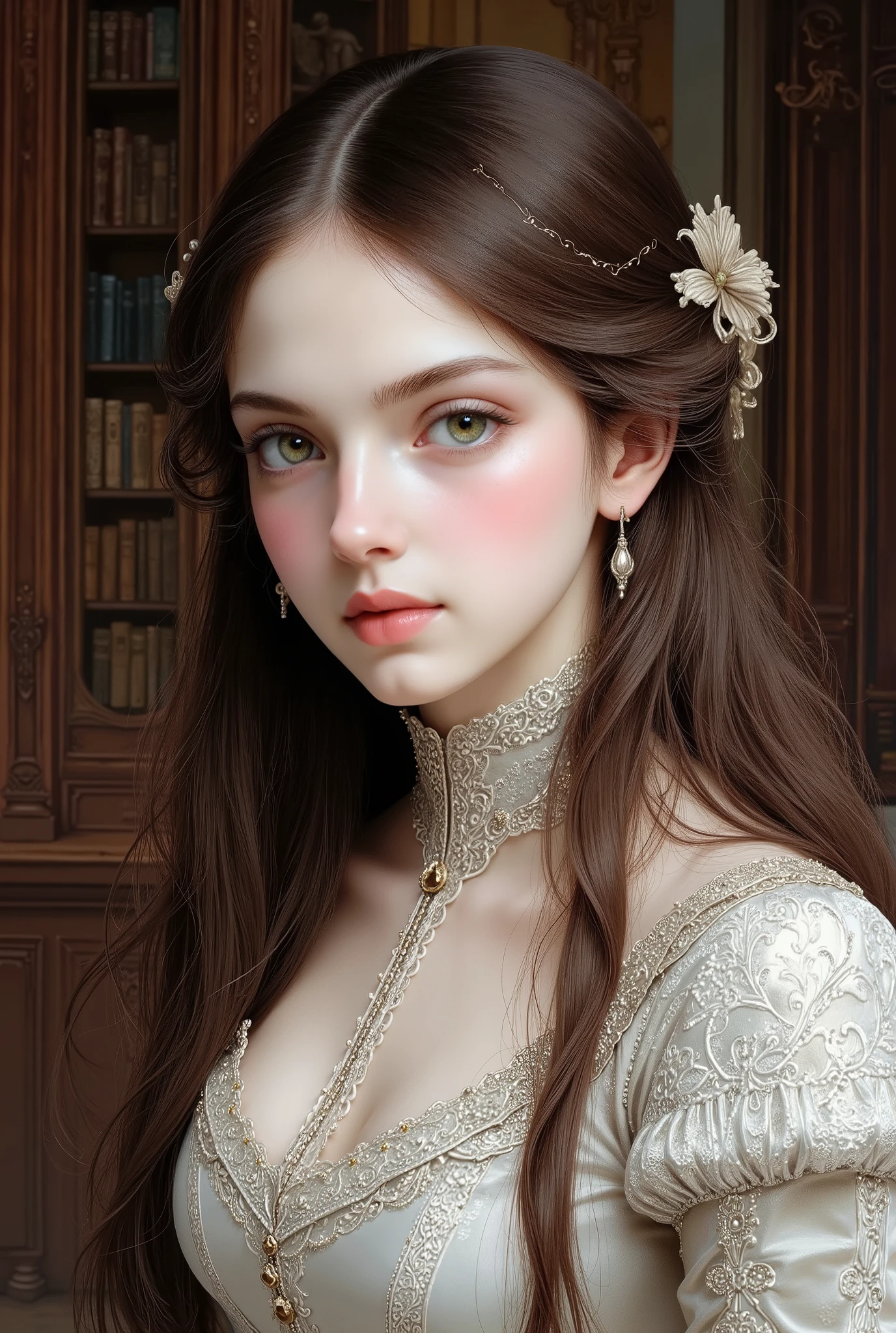 Girl, long soft brown hair, hazel eyes, sharp features, white skin, light pink lips, beautiful, perfect, elegant, wearing a Victorian dress with sleeves, palace library room background, high quality resolution, clear bright colors.