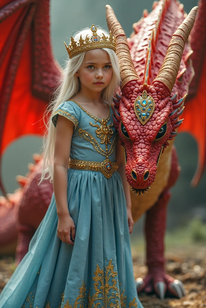 Fantasy, artistic photo of a young girl with silver hair and a headpiece, standing close to a dragon-like creature with detailed, textured scales, close-up portrait focusing on the faces of both the girl and the dragon, background is blurred to emphasize the subjects, taken under soft, natural lighting that enhances the skin texture and the dragon's scales, shot at eye-level with a high-quality digital camera, possibly a Canon EOS 5D Mark IV with a 50mm f/1.2 lens, in the style of Benjamin Von Wong