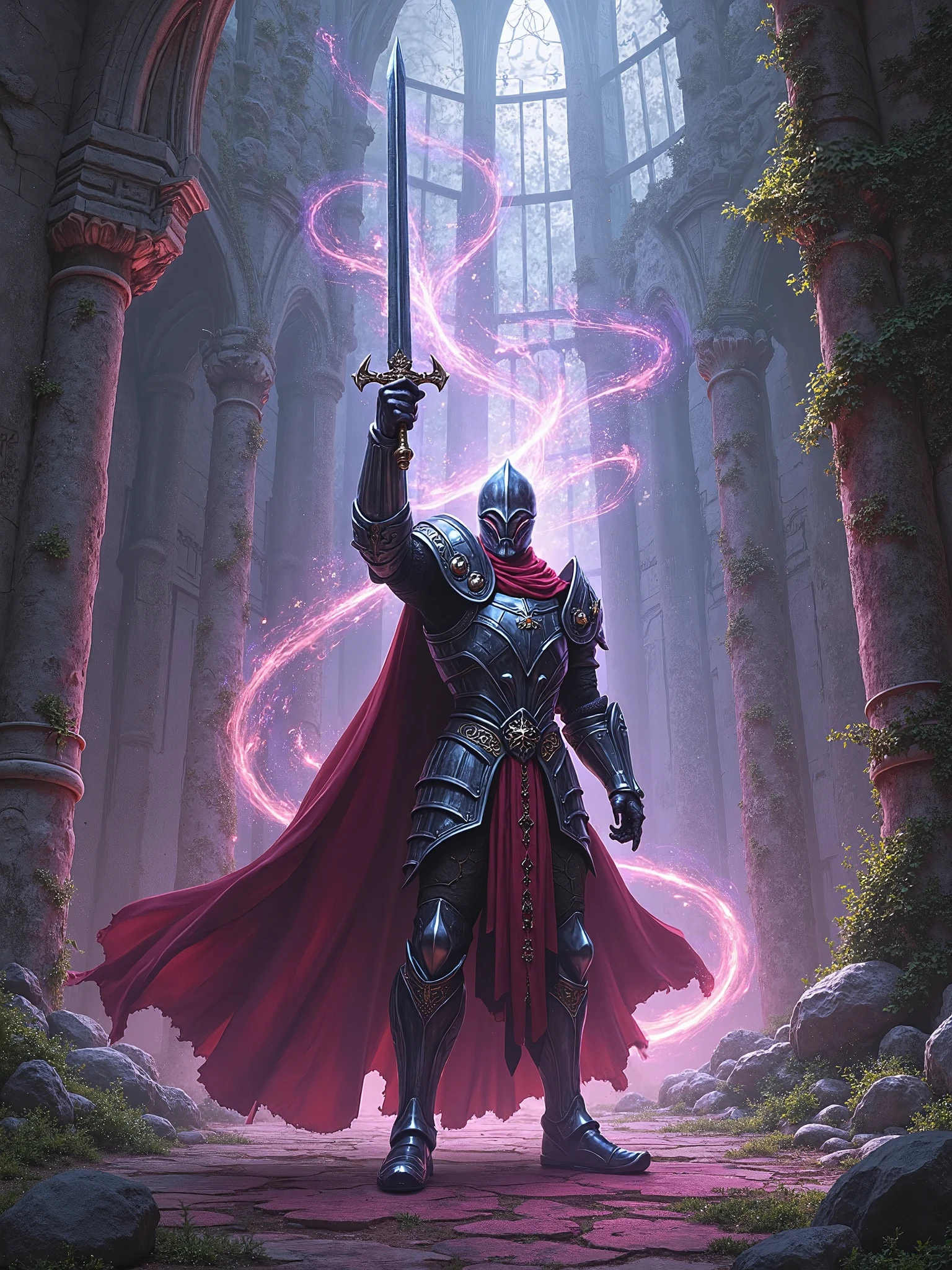 Arafed knight in a castle with a sword and a red cape - SeaArt AI