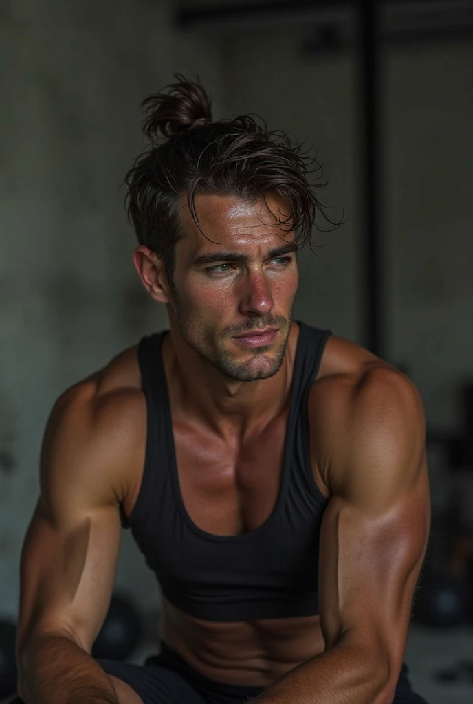 Man, underpant, solo, wearing no shirt, sitting down, greeneyes, best qualityer, brawny.