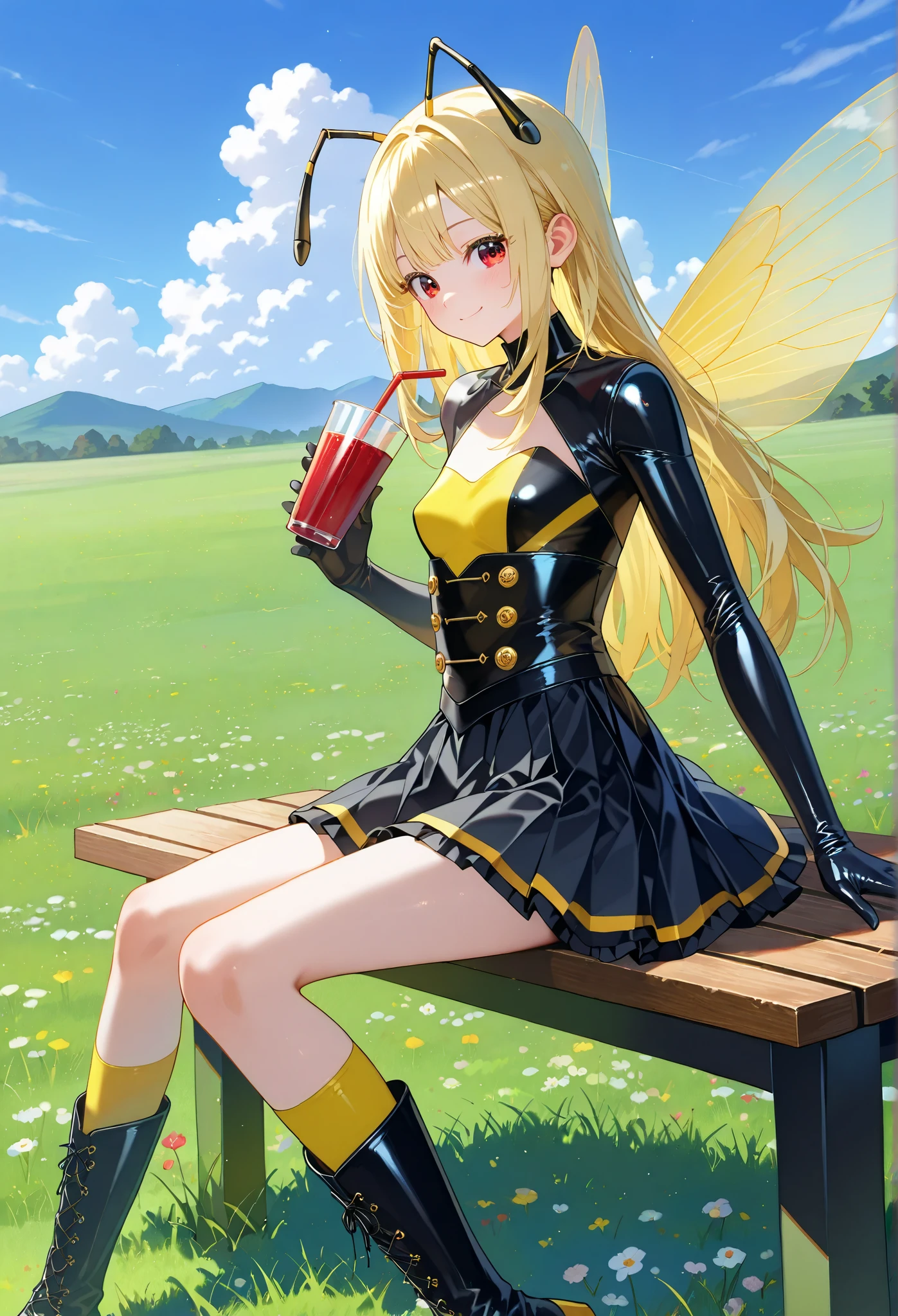 ■構図■She is positioned in the center of the image,
■背景■The background features a light-blue sky dotted with fluffy white clouds,grasslands and many flowers,
■People■(Beautiful Girl Who Cosplay as a Bee:1.2),(loli:0.7),sitting,drinking drink,sitting on Wooden bench
■顔■blonde long hair,(detailed blonde eyelashes:1.2),smile,looking at viewer,
■Body Type■Skinny,perky breasts,small breasts,
■服装■she wears (form-fitting:1.2), (Latex:0.5) (Bodysuit:1.1) with black accents, stylized bee-like costume.military style,Transparent bee wings,bee antenna,bare legs,yellow knee-high socks,black long boots,She is wearing vibrant yellow,stylized costume with black accents. The costume includes a short layered skirt with black ruffles,yellow and black colors, and black thin corset.Harness