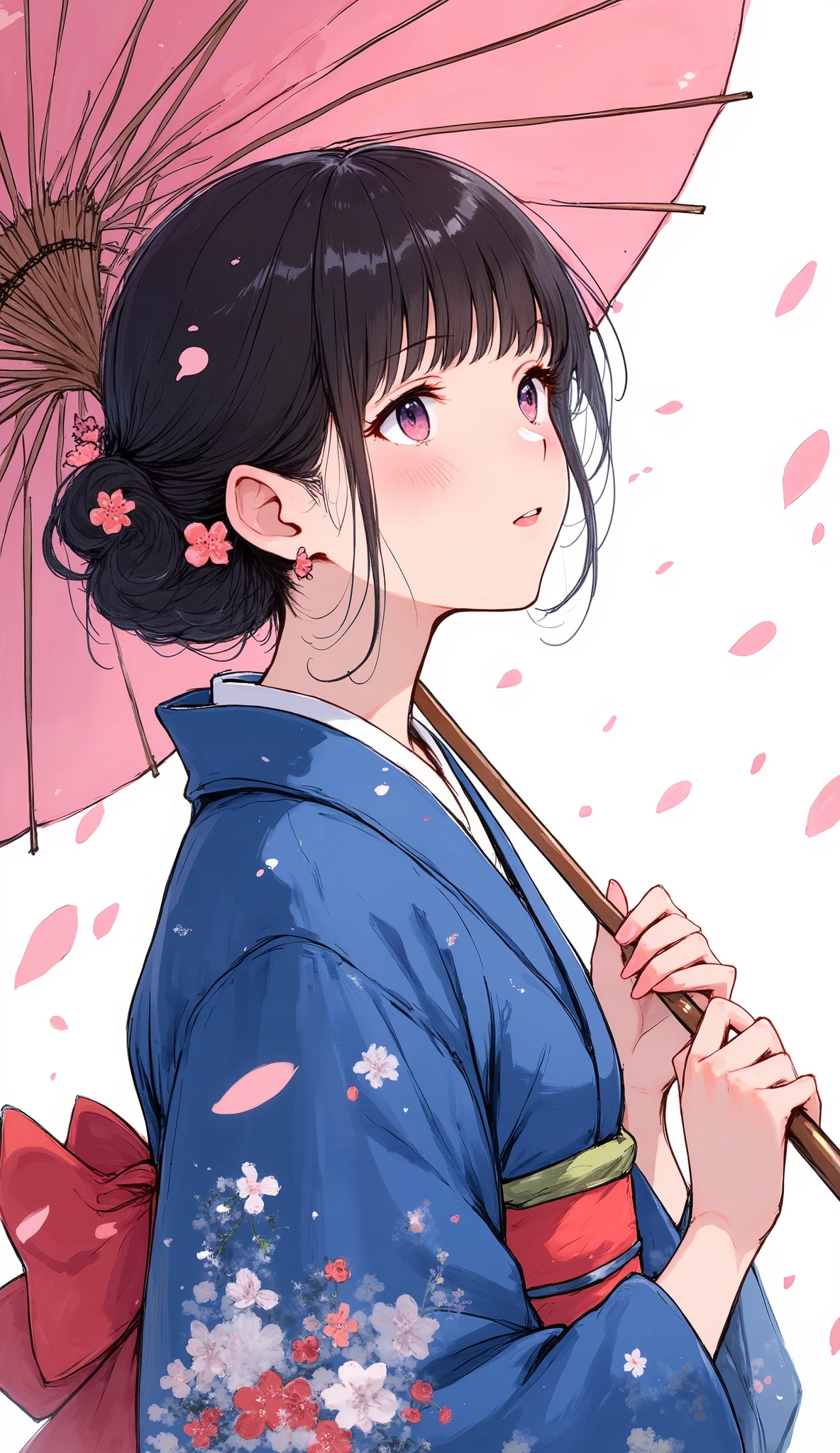 Woman with Japanese Umbrella , Nishijin Textile Kimono , Japanese painting style, beautiful anime portrait, extra , Detailed Portraits of Anime Girls , Amazingly Beautiful Anime Portraits, BEAUTIFUL ANIME WOMEN , digital animated illustration, Anime Style Portrait , Extra art,Realistic, beautiful anime girl showing bare skin, Anime Style Digital Art , animated illustration, ponytail, Navy Blue Kimono,The background is a cherry blossom blizzard
