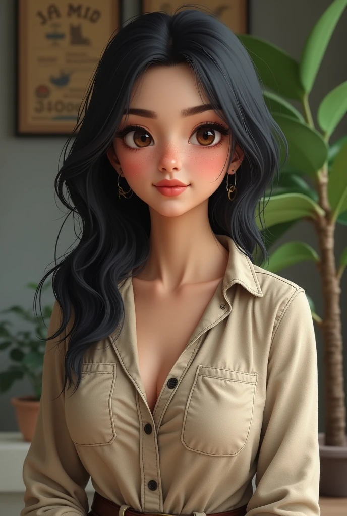 (best quality, highres:1.2), ultra-detailed, realistic:1.37, portraits, seductive gaze,detailed beautiful eyes,detailed long eyelashes,detailed lips,parted lips,intense blush,soft smile,soft smile and gaze,sexy woman, ponytail hairstyle, black hair,luscious black hair,cute ponytail,green sweater,cream cargo pants, medium chest, perfect body