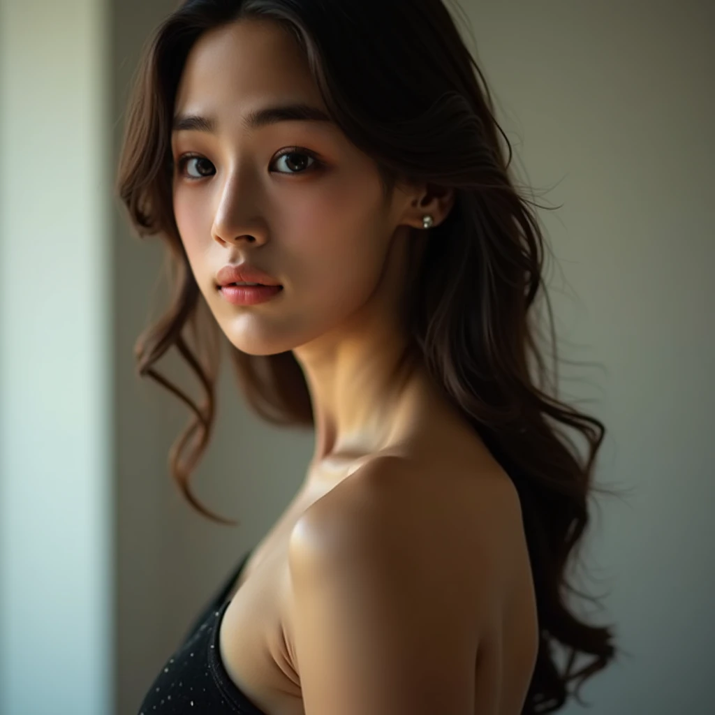 masterpiece, black hair, pure background, beautiful, elegant. Ultra-fine details, masterpieces, realistic textures, realistic cinematic lighting, perfect work, 8k, HD, delicate facial features, full body, Wavy auburn tresses, bikini