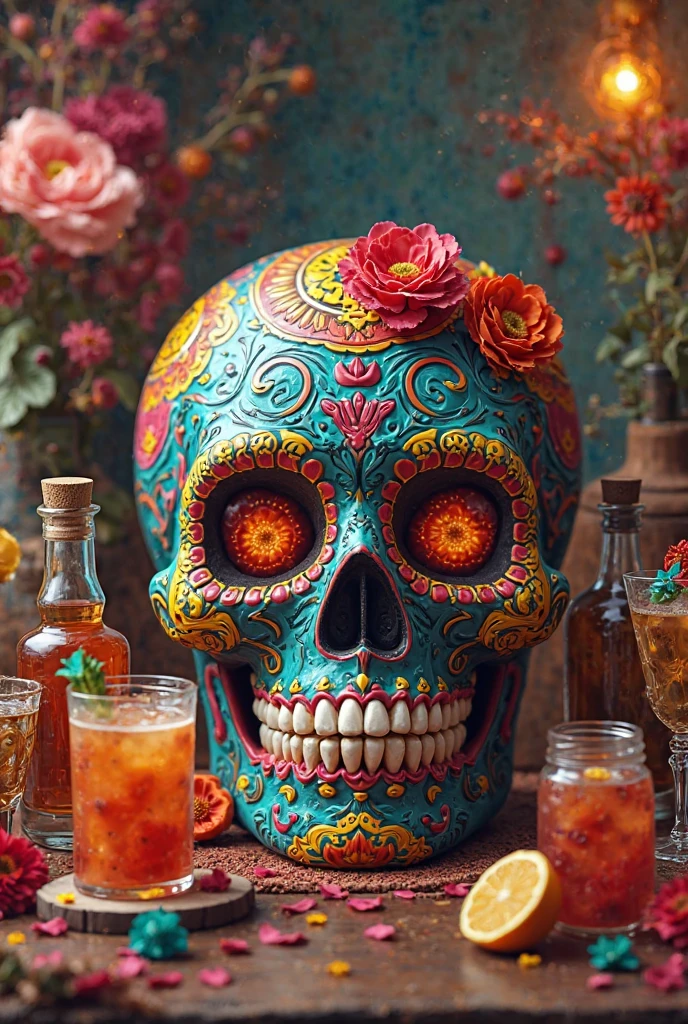 masterpiece, high quality, Exceptional detail, stunning illustration of Day of the Dead skulls, colorful and detailed, vibrant colors, intricate decorations, dynamic focus, dark background, realistic shadows, glowing lights, festive and mysterious atmosphere, Sugar skulls, ((Day of the Dead)), confetti, candles, Offerings, traditional mexican food.