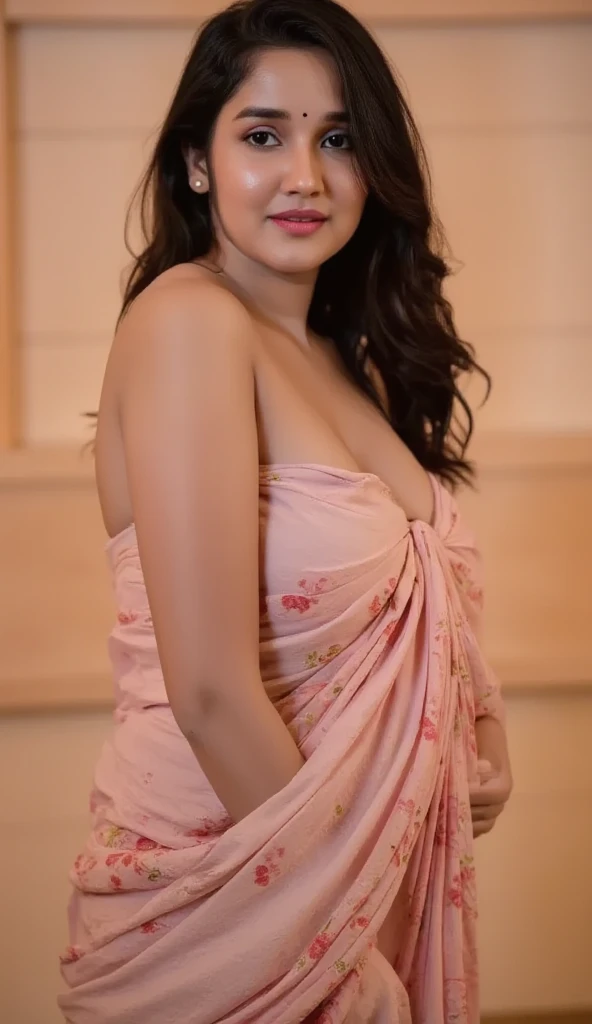 Anupama, a close up of a woman in a pink dress posing for a picture, topless, smooth pink skin, sexy girl, revealing clothes, very big boobs, deep cleavage