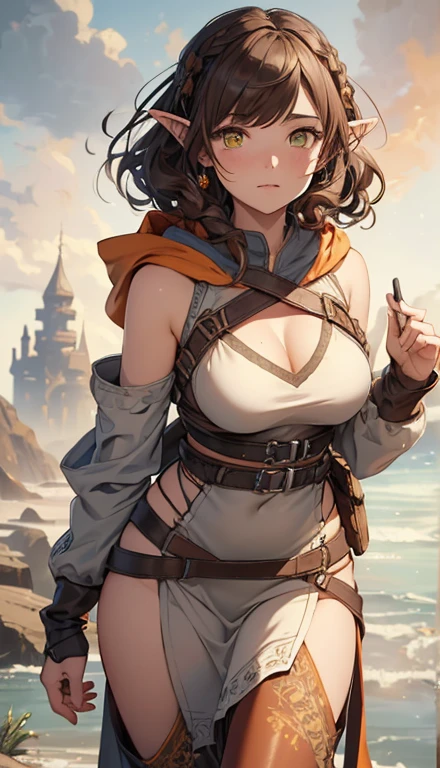 tanned brunette beautiful girl , y.o indian woman in rugged wastelander clothes, random hair, leather west, very short leather pants, perfect breasts, cleavage, background is city ruins, (high detailed skin:1.2), 8k uhd, dslr, super lighting, high quality, film grain, high res, highly detailed, hyper realistic, beautiful face, beautiful body, beautiful eyes nose lips, alluring expression, very bold, shot from above, upper boobs visible, full body photo, pale translucent glowing skin, most beautiful face, cute, dynamic pose, beautiful feminine curves ,