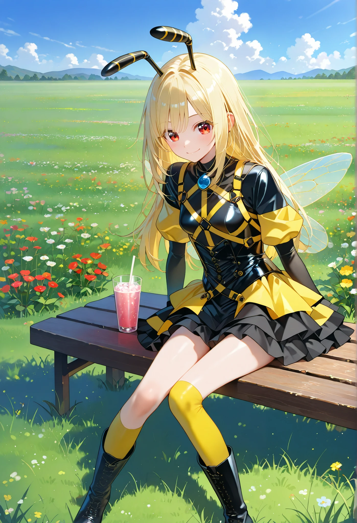■構図■She is positioned in the center of the image,
■背景■The background features a light-blue sky dotted with fluffy white clouds,grasslands and many flowers,
■People■(Beautiful Girl Who Cosplay as a Bee:1.2),(:0.7),sitting,drinking drink,sitting on Wooden bench
■顔■blonde long hair,(detailed blonde eyelashes:1.2),smile,looking at viewer,
■Body Type■Skinny,perky breasts,small breasts,
■服装■she wears (form-fitting:1.2), (Latex:0.5) (Bodysuit:1.1) with black accents, stylized bee-like costume.military style,Transparent bee wings,bee antenna,bare legs,yellow knee-high socks,black long boots,She is wearing vibrant yellow,stylized costume with black accents. The costume includes a short layered skirt with black ruffles,yellow and black colors, and black thin corset.(Harness:1.3)