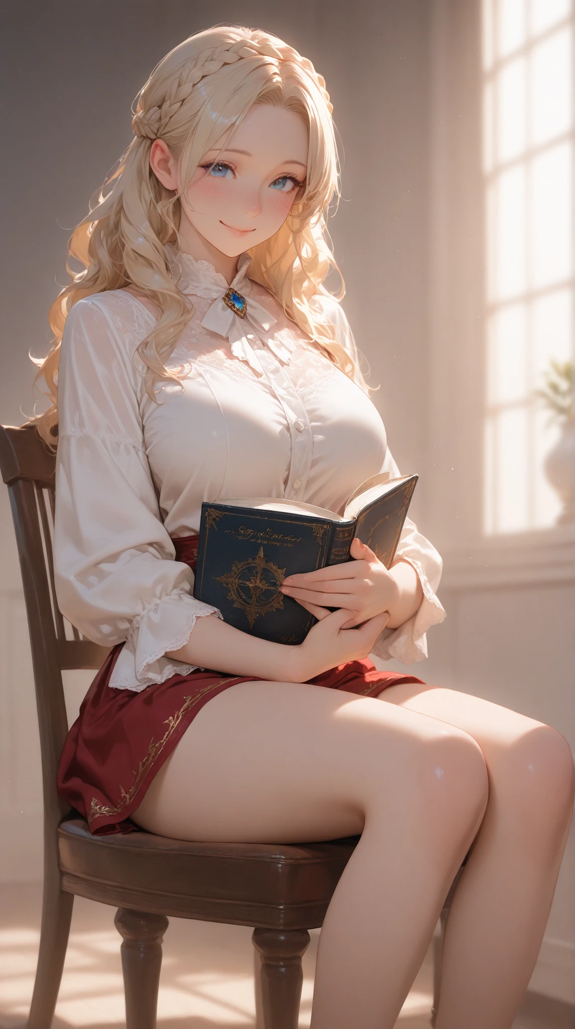 table top, highest quality, Highly detailed CG Unity 8K wallpaper, sexy witch , long dark blonde wavy hair、off shoulder knit, dark blue pleated skirt, medium milk, saggy breasts, cleavage, blush, shy smile, bare shoulders, (Blue floral panties、、Blue Floral Bra、show panties、((open your legs)))high heels、nice magic book、luxury hotel bedroom、sexy pose、Sit on the floor、side boob、