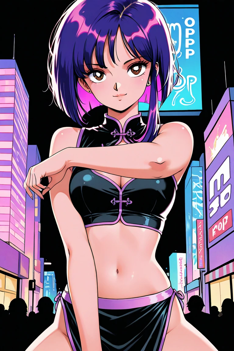 score_9, score_8_up, score_7_up, score_6_up, score_5_up, score_4_up, 1girl, 25yo model bombshell
BREAK (wearing black micro bikini), ponytail, (long black hair:1.3, long tendrils), (big bright blue eyes, super detailed eyes), (large breasts)
BREAK (close up shot:1.3), navel, view from front, facing viewer, closeup of face, seductive look, cleavage, pinup pose
BREAK neo tokyo well lit highrise building, filled with neon signs, well lit by red neon lights, translucid, bricks wall
BREAK official art, masterpiece, (anime, cel-shaded, source_painted_concept_art)