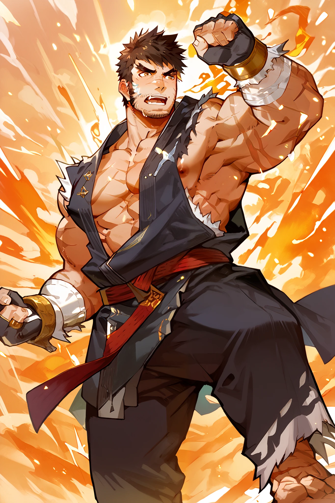 Score_9, Score_8_up, Score_7_up, Score_6_up, Source code_game \(Dungeon Warrior Online\), Perfect Anatomy, perfect proportions, Best Quality,  masterpiece, high resolution, High quality, Aesthetic , absurd, ( male焦点), 单身 male, BERGrappler,  male摔跤手 \(Dungeon Warrior Online\), dark hair,  short hair, brown eyes, thick eyebrows,  bifurcated eyebrows , stubble,  facial scars, Scars on the Nose, Scars on the Cheeks,  has scars on her chest , Chest depressions , /black fingerless gloves,  two-color sleeper gloves, barefoot, White wristband, white ankle bandage, nipple,armpits for adults,  mature,  male,  manhood ,  handsome, charming, Tempting,  stands, upper body, dutch angle, cowboy shooting, 色调 male, serious,  fighting posture 