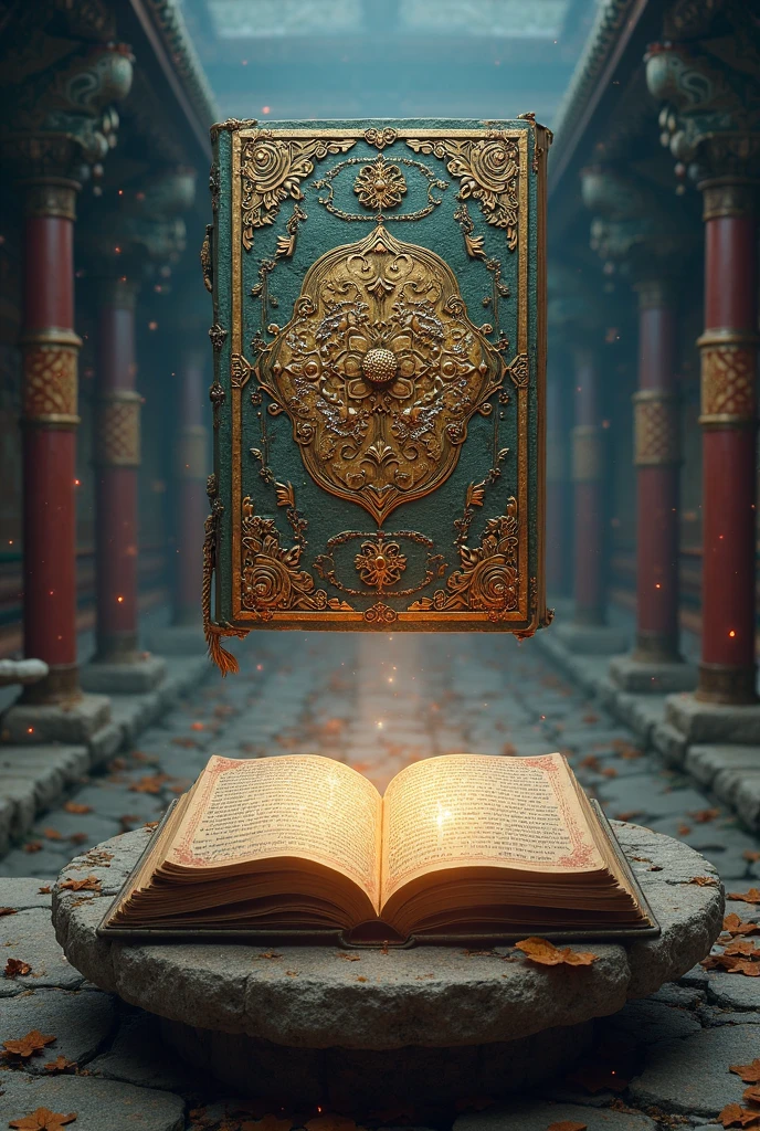 photo realistic of floating ancient mantra book above an altar, seen through fish' eye lens style,photo, realistic, ethereal, magic craft scenery, sci-fi art, fantasy digital art,intricate detailed, in depth,UHD
