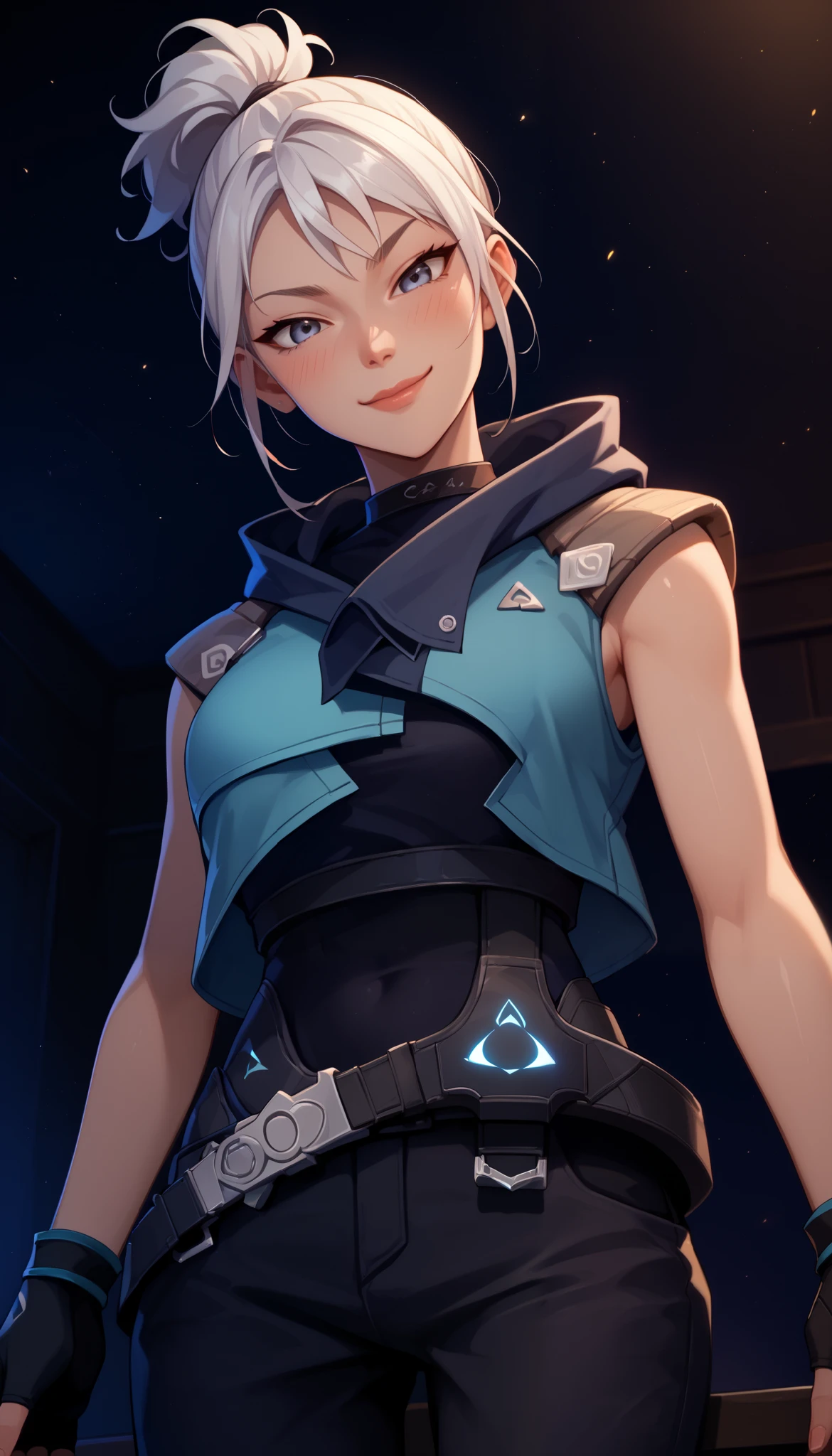 Score_9, Score_8_up, Score_7_up, Score_6_up, Score_5_up, Score_4_up, Source_anime, Tag1, Tag2, Quality_masterpiece, Anatomically correct, detailed skin, 1girl, detailed face, smug smile,
young girl, skinny body, 1girl, valJett, white hair, short ponytail, grey eyes, blue eyes, blue jacket, sleeveless, cropped jacket, black bodysuit, belt, black pants, black gloves, fingerless gloves,
Sensual girl, Seductive, Glamor, seductive BREAK, embarrassed, low angle shot, medium breasts, cleavage,
bedroom background, white bed, skinny body,
