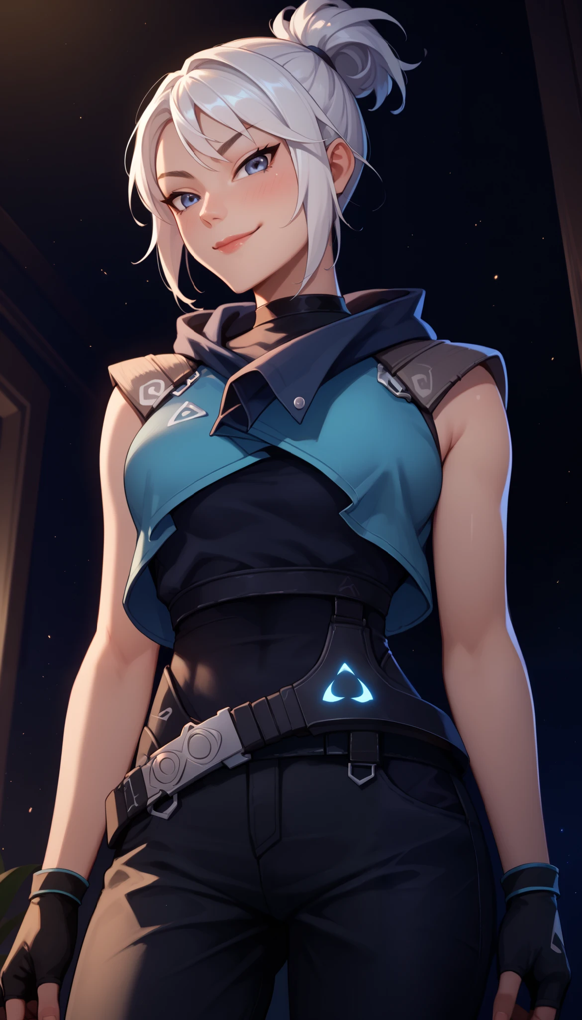 Score_9, Score_8_up, Score_7_up, Score_6_up, Score_5_up, Score_4_up, Source_anime, Tag1, Tag2, Quality_masterpiece, Anatomically correct, detailed skin, 1girl, detailed face, smug smile,
young girl, skinny body, 1girl, valJett, white hair, short ponytail, grey eyes, blue eyes, blue jacket, sleeveless, cropped jacket, black bodysuit, belt, black pants, black gloves, fingerless gloves,
Sensual girl, Seductive, Glamor, seductive BREAK, embarrassed, low angle shot, medium breasts, cleavage, thighs,
bedroom background, white bed, skinny body,