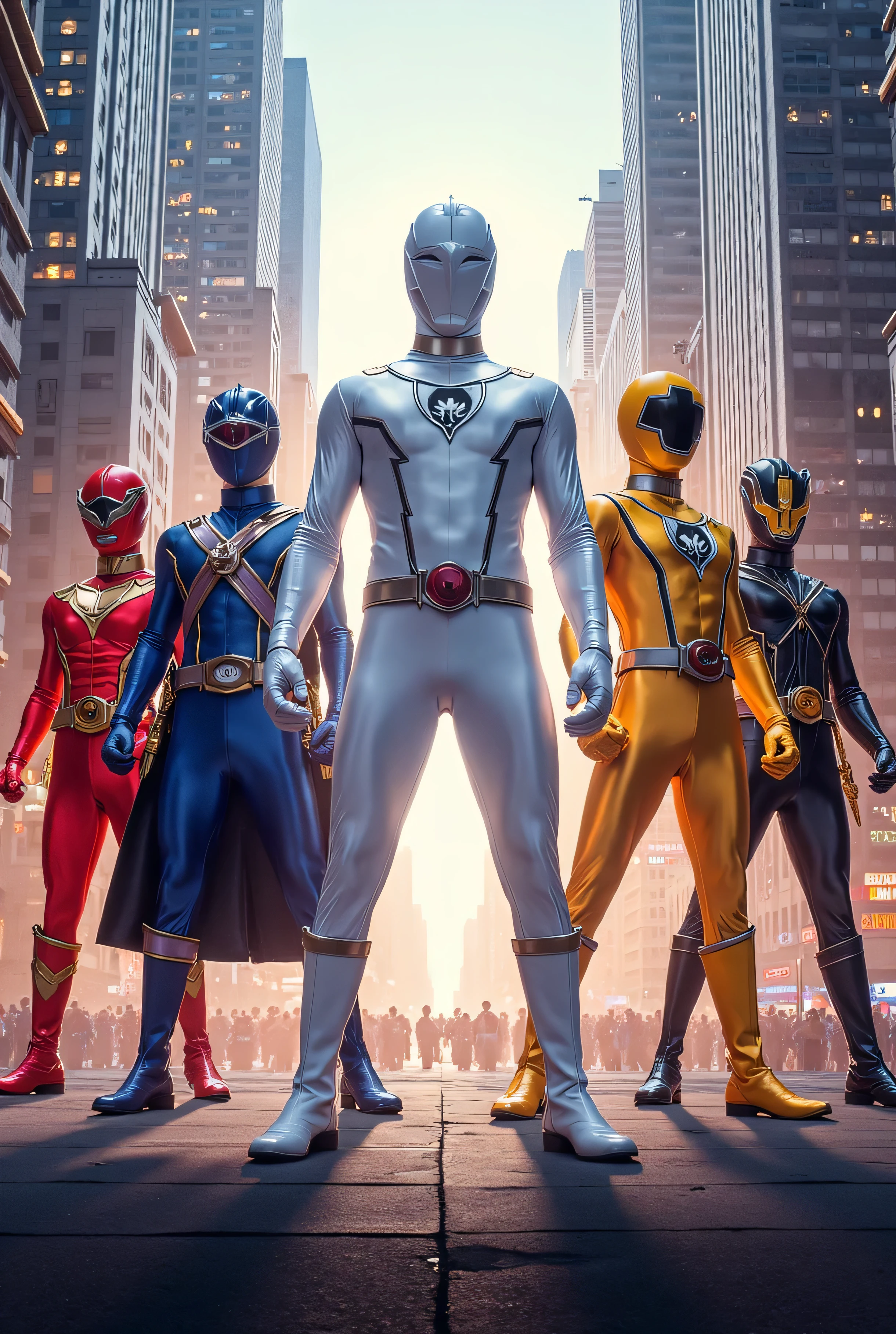 Make a league with five heroes, five different colors, I'm the one in the middle, White ability to have any power, o 2 with blue and red costume, with fire and ice ability, o 3 yellow, with light ability, that can become invisible or remove objects with light as a shield Addicted, the 4 black with ghostly abilities, type through walls and own, 5 purple, teleportation ability. Put them all in the name of in a city.