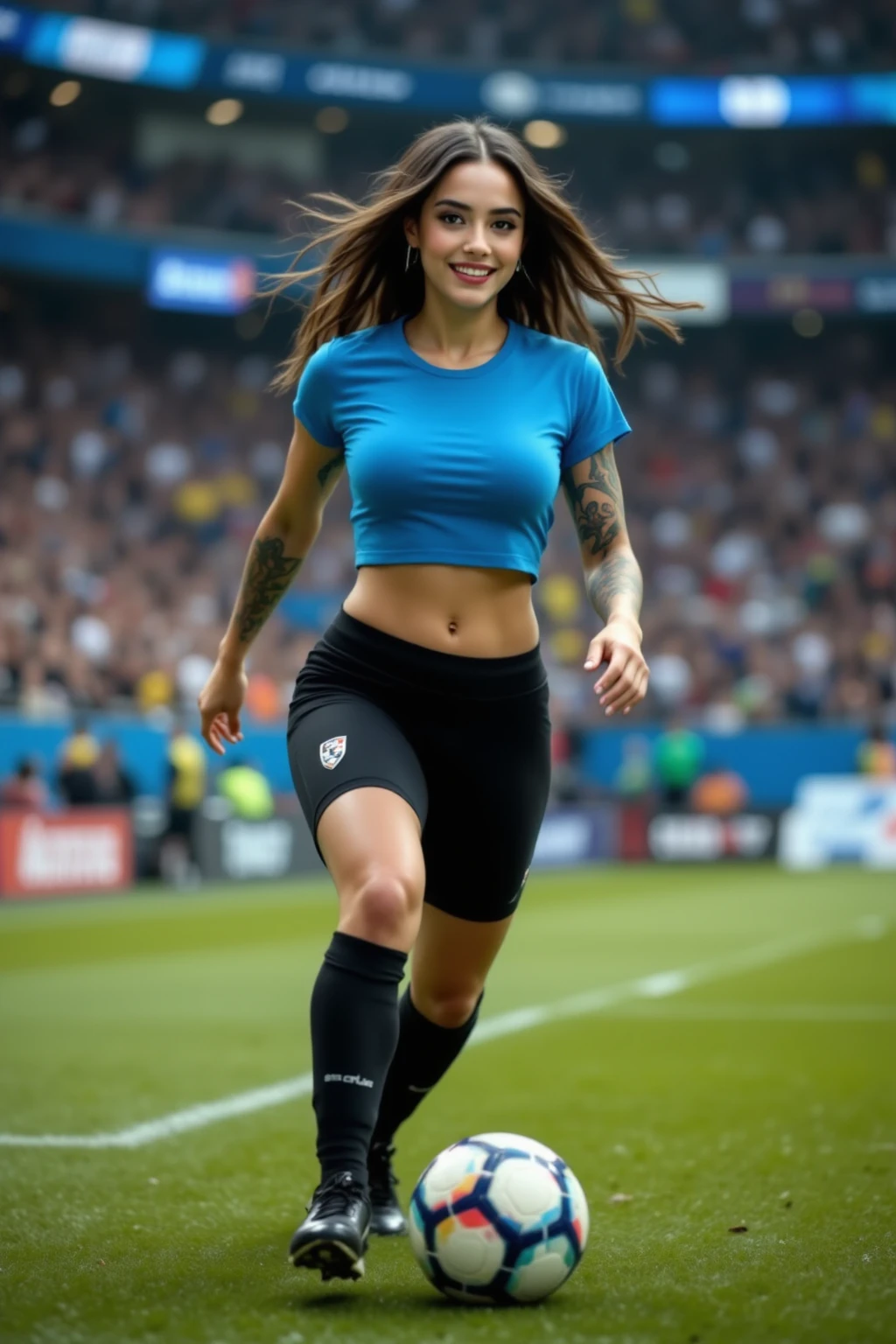 Beautiful very large breasts, smiling woman wearing a dark blue soccer top, dark blue soccer shorts, full length body, woman standing in front of a soccer pitch, highly detailed, 22 years old, , , smile face, brunette hair, blue eyes, high resolution, Masterpiece, Best quality, Intricate high detail, Highly detailed, Sharp focus, Detailed skin, realistic skin texture, texture, detailed eyes, professional, 4k, charming smile, shot on Canon, 85mm, shallow depth of field, Kodak Vision Color, Perfect Fit Body , extremely detailed, photography_\(ultra\), Photorealistic, Realistic, Post-processing, maximum details, roughness, real life, ultra realistic, Photorealism, photography, 8k UHD, photography, large breasts