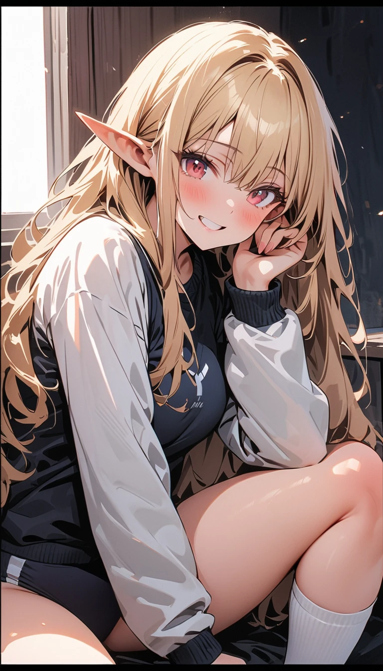 anime girl with waist length hair wearing a large sweater down to her knees