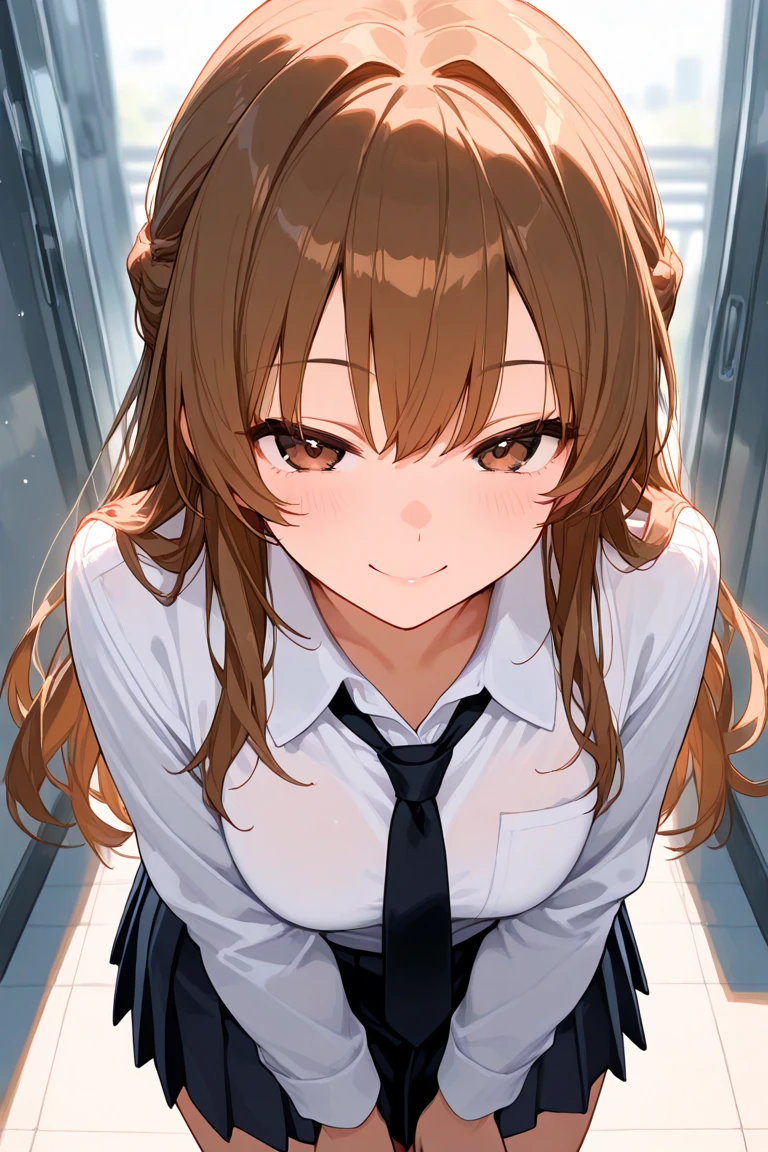 nsfw,,fellatio,sucking a penis,(tareme),,solo,brown straight hair,bukkake,white dress shirt,cream school cardigan,pleated checked skirt,sideshot,at public restroom,look up,kneeling on floor,(blushed:1.1),adult curvy body,(bukkake)
