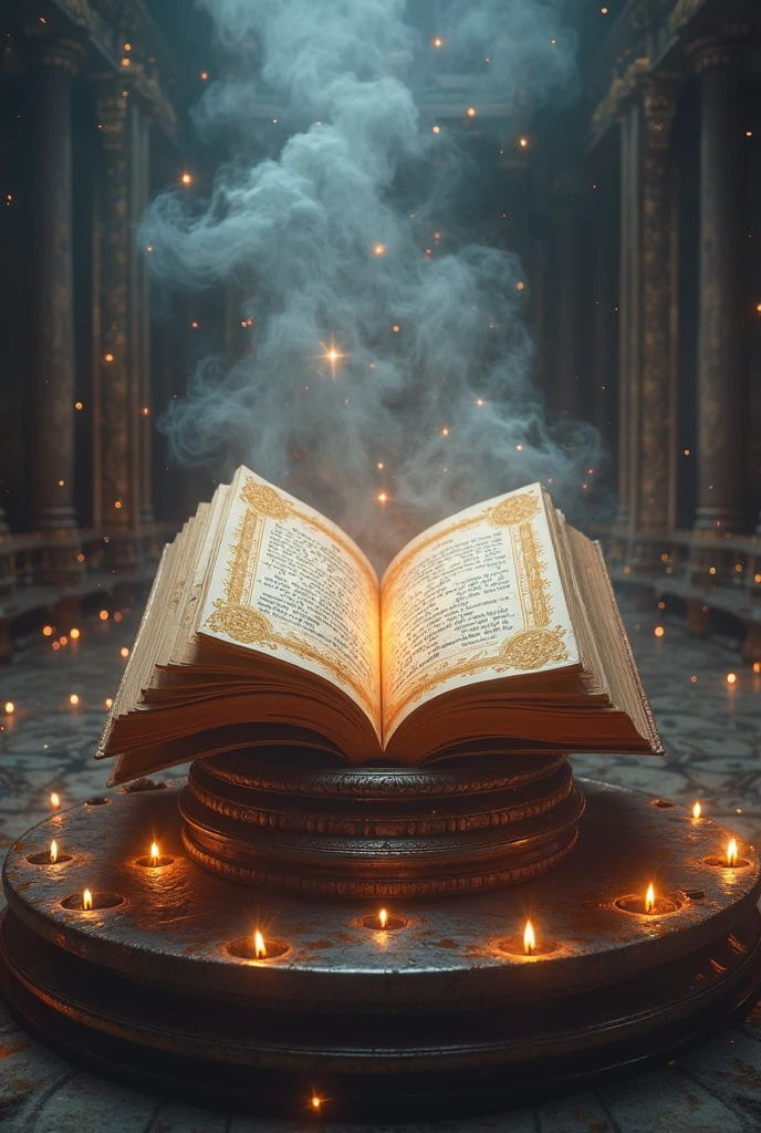 photo realistic of opened floating ancient mantra book above an altar, surrounded by lights and smoke, seen through fish' eye lens style,photo, realistic, ethereal, magic craft scenery, sci-fi art, fantasy digital art,intricate detailed, in depth,UHD
