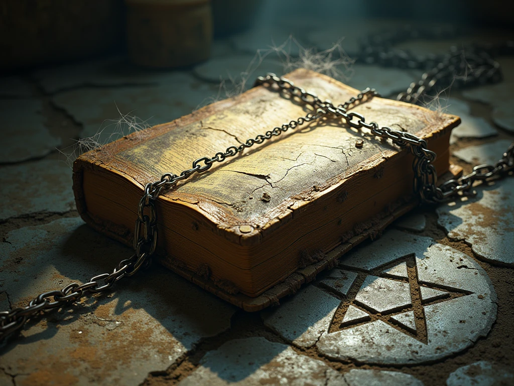 old book, grimoire, Forgotten by time, Ancient times, Magic book, Spell, chained book , Pentagram on the ground, vieux sale,  torn, sombre 