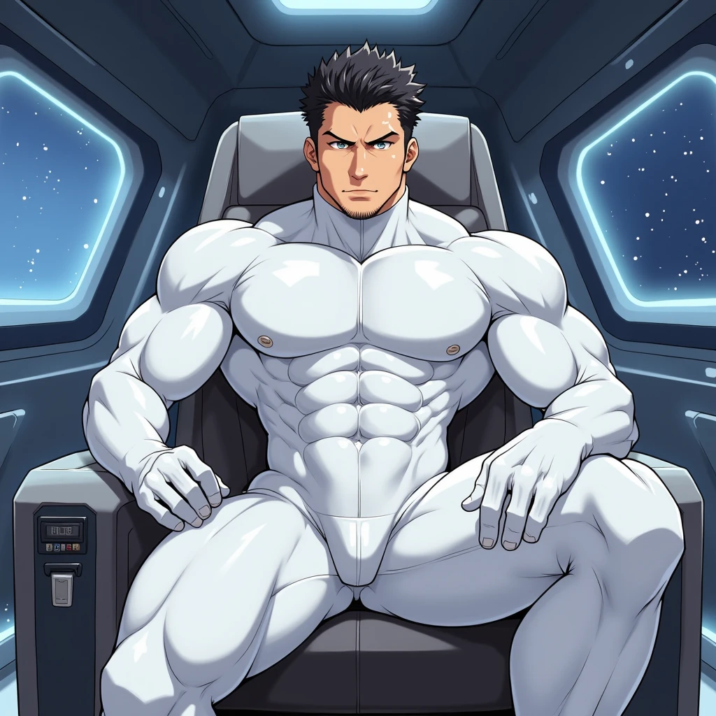 (((1boy))), ((toned)), full body, buzzcut, young, young_boy, hypnotized, dick_out, boner, big_erect_cock, wearing translucent white hero uniform, boner, big bulge, sexy, blushing, drooling, shirts open, standing at attention, hands tied back, wearing dog collar, expression of Intense ecstasy