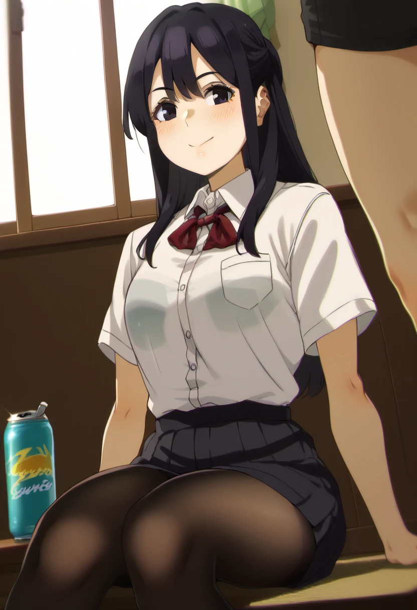 masterpiece, highest quality, High resolution, Spy Family Yoru、The body is slim、{front、From under the desk}、Please put your feet up、hair band、blush、Mid-chest,{Pencil Mini Skirt, barefoot、Lace panties are visible}whole body、Cowboy Shot, indoor, {Sit deep in a chair}, Holding a cup, coffee, Looking at the audience,Low Angle
