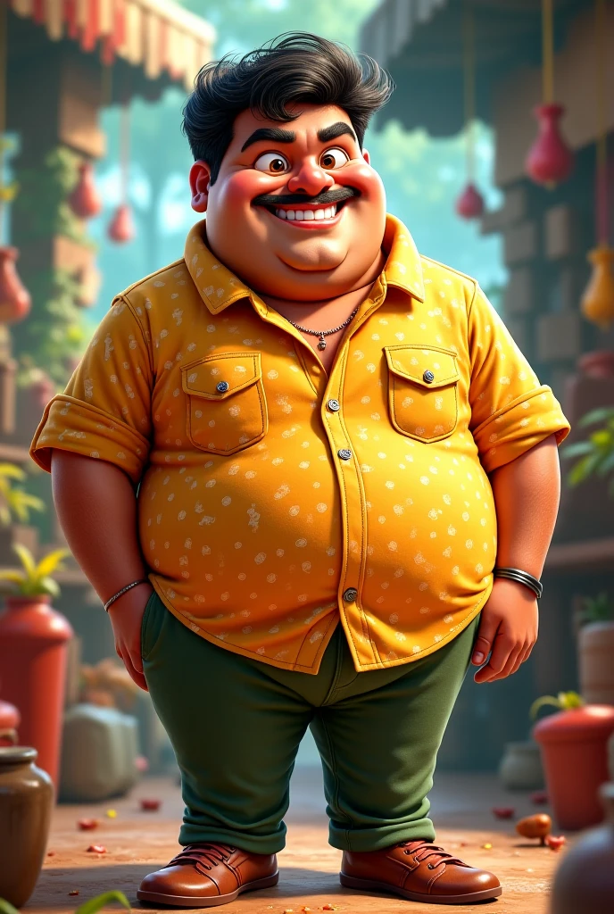 An 1 young man with a blue Nick shirt along with yellow shorts with black flowers, a normal face with a chubby nose and curly hair with few pimples with dark skin, a little older