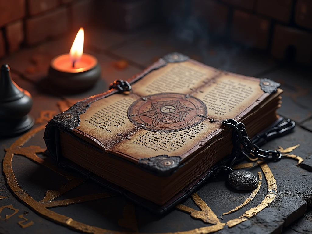 old book, grimoire, Forgotten by time, Ancient times, Magic book, Spell, chained book , Pentagram on the ground, vieux sale,  torn, sombre 