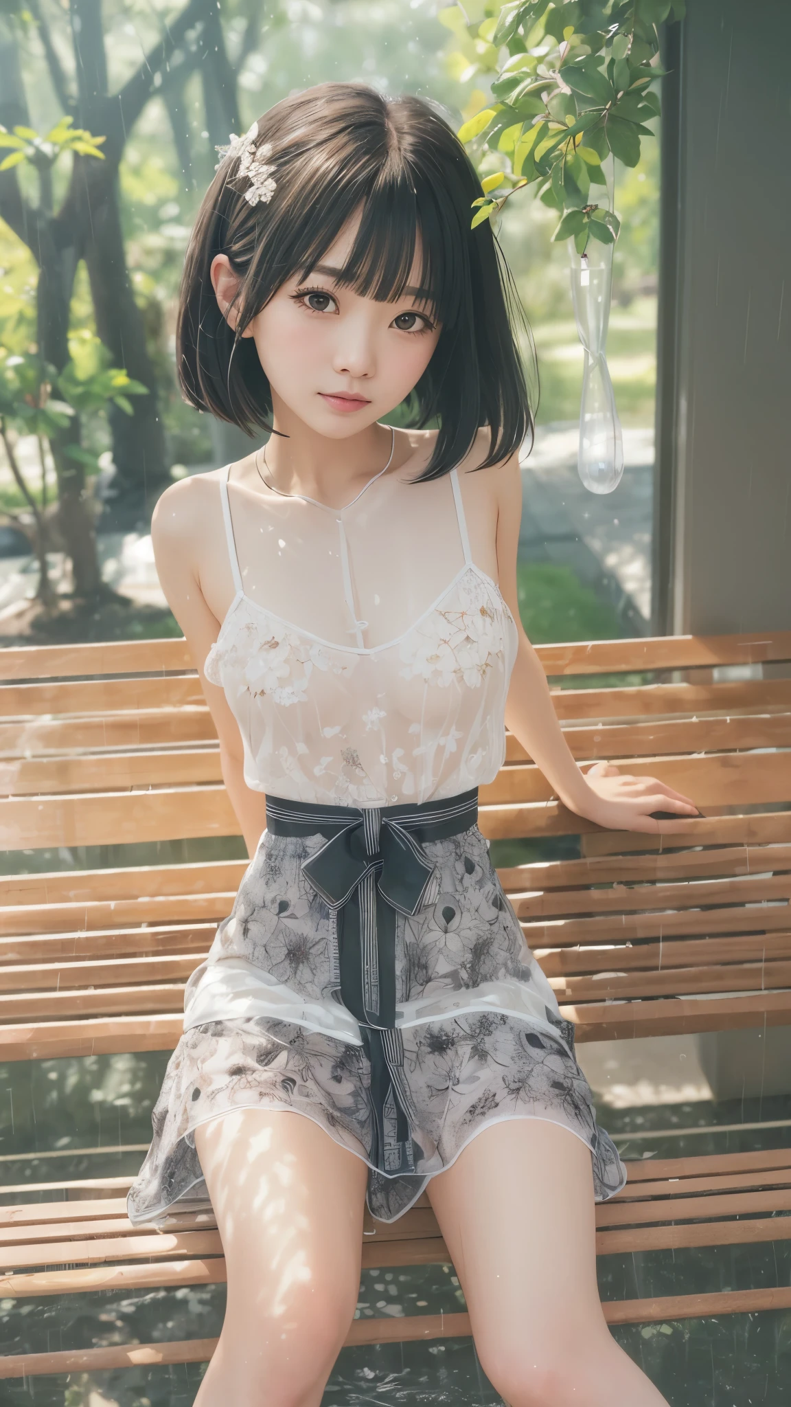 top quality、  natural depiction、  nothing 、  details、delicate、Very high degree of perfection 、 Beautiful Body Lines,Girls are middle school students  １Grade、   black hair、Cute girl's eyes、Best ratio、 小さなchest、 (((Satoko Hojo)))、shoes 、(I'm wearing a summer dress made of light fabric)、The weather is heavy rain、  (Underwear、transparent with panty line) 、(  has a high degree of perfection ),.(stroking a girl &#39;chest:1.0)、( Japanese Middle-Aged Man 、hugging a girl sitting on a park bench:1.2)、(stroking a girl &#39;chest:1.0)、(Inserted inside a girl's body   :1.2)、(( girl with a puzzled expression:1.2))、(perfect anatomy:1.2), (detailsな手:1.3, perfect right hand:1.2), (detailsな脚:1.3, thin thighs,  beautiful feet)