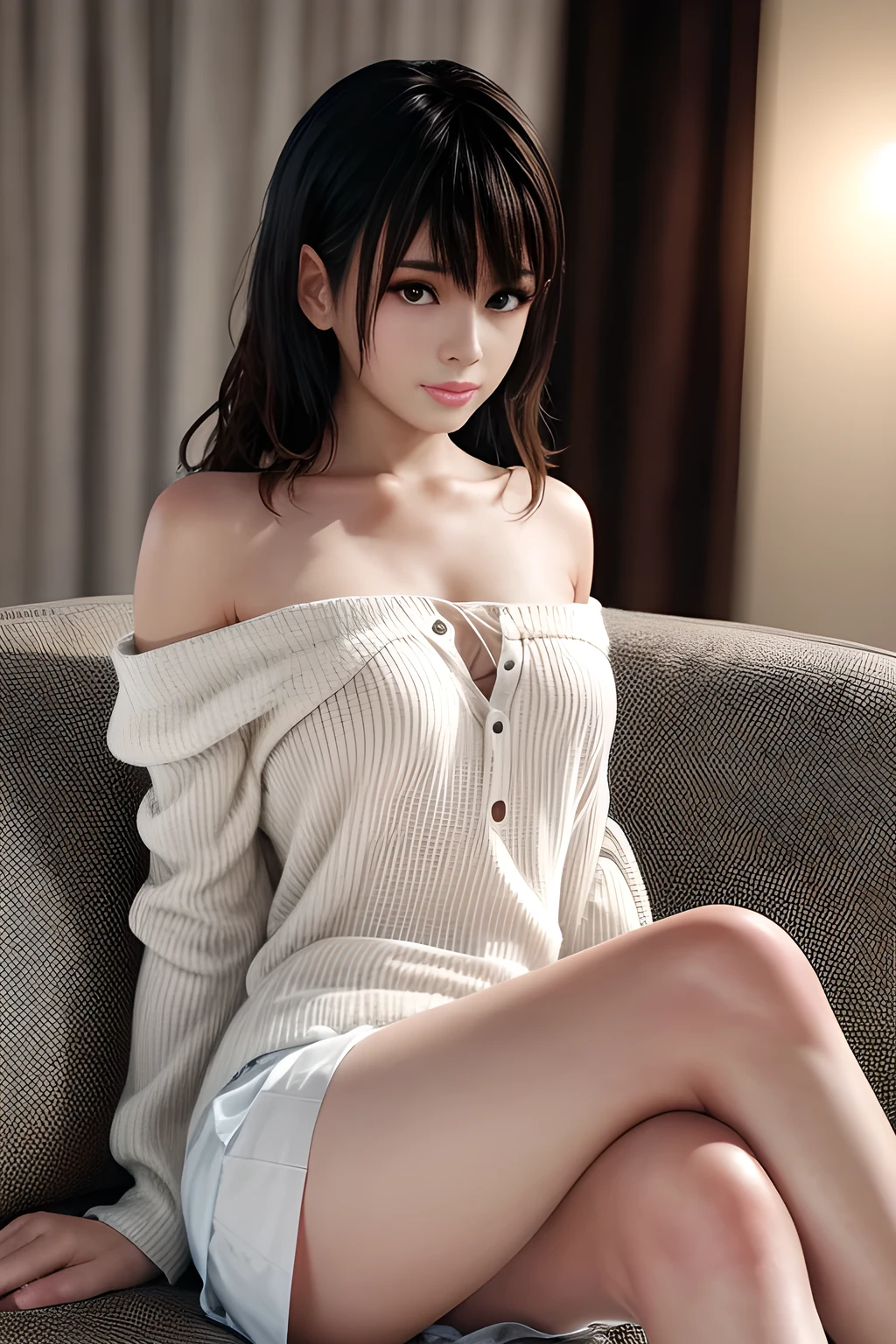 (best quality, 8k, highres, photorealistic:2.0), (solo, one girl:2.0),(lighting: strong),(lighting: front),(very muscular girl:2.0),(A girl with amazing abdominal muscles:1.5),(shiny skin:1.5),(light brown hair color:1.5),(Bend your legs and open your thighs:1.8),(light blue blouse:1.6),(collar blouse:1.2),(long sleeve light blue blouse:1.3),((tight blouse:1.7)),(Emphasize cleavage:1.5),(barefoot girl:1.1),((open blouse button:1.2)),((Wearing Extremely erotic panties:1.5)),(wearing tiny panties:1.5),(wearing T-front panties:1.5),(wearing black panties:1.5),((Girl leaning on an old leather sofa:1.2)), ultimate beautiful Japanese girl, Blush brown makeup , dark eye makeup ,pink lipstick,(big beady eyes girl:1.5),(cool beauty women:1.5),(Navel is visible),(A girl who enjoys showing her panties to her viewers:1.8),((shape of erect nipples appears on the surface of the blouse:1.1)),(The eroticism of a very elegant woman:1.5),(Intense sex appeal of young women:1.5),(She forces the viewer to masturbate:1.3),(she strikes a sexually bold pose:1.3),(She gets excited watching viewers masturbate),(she forbids viewers to cum:1.3),(She commands the viewer to masturbate intensely),(The viewer is masturbating looking at her:1.5),(she has a sadistic personality:1.6),(Do sexy poses for viewers to masturbate),(she likes getting cunnilingus),(she always takes the initiative in sex),(Viewers are made to feel sexually inferior by her),(she rapes men and mocks them:1.3),(She laughs at the sight of a masturbating male viewer holding back his),(she says obscene words to the viewer),(she wants to rape men:1.3),(I like to make him cum in my mouth with a blow job.),(A sexually attractive woman who attracts men:1.5),(she likes to perform sexual pranks on men),(She mentally dominates and subjugates men.),(Erotic that all men get an erection just by looking at it),(A girl who likes to make men endure)