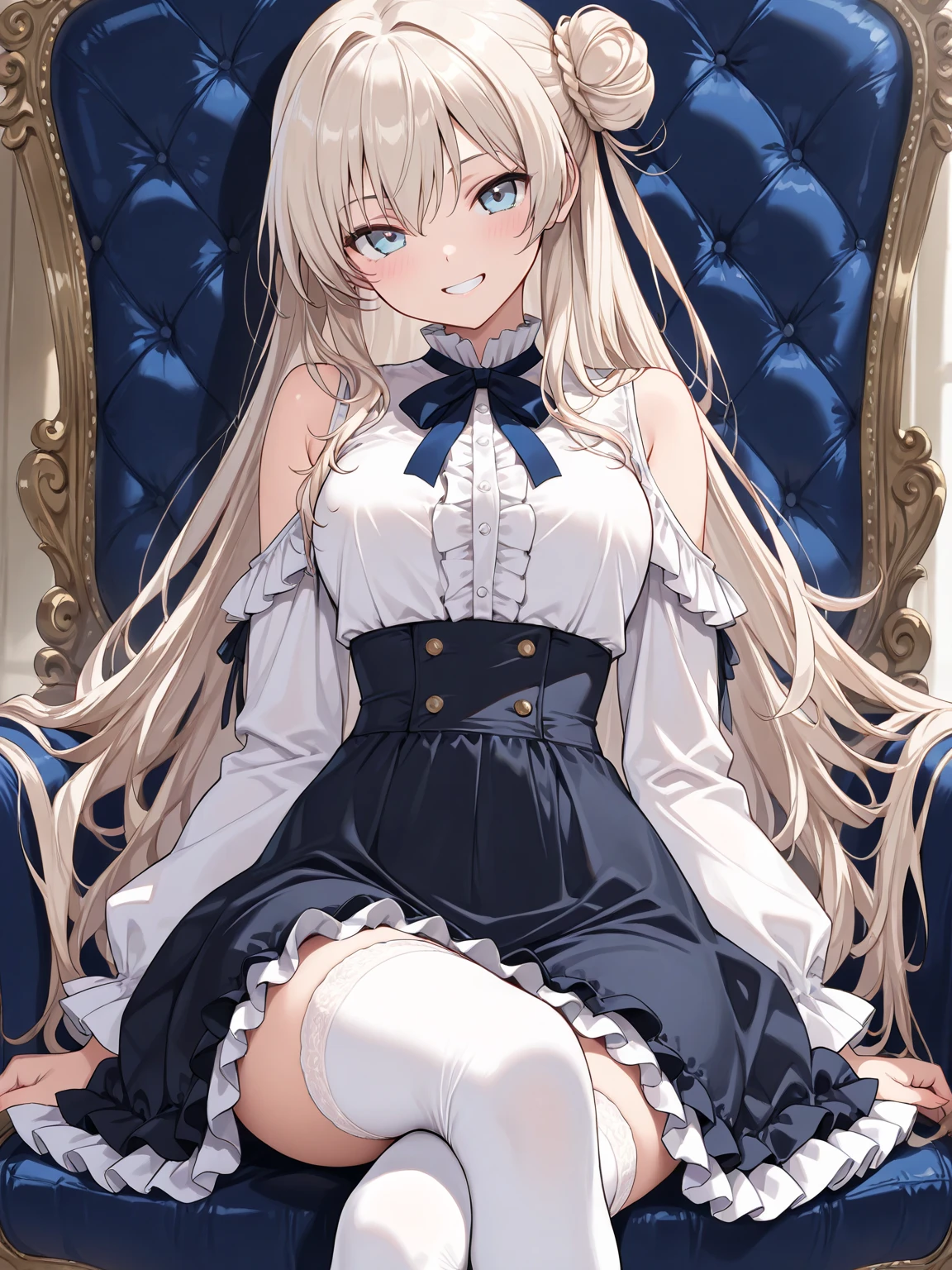 (hyper extreme detailed),(masterpeace),(hyper extreme),(photorealistic),CG,1girl,indoors, <lora:Aurora:1>Aurora,blonde hair, long hair, green eyes, white dress, sleeveless, armguards, white thighhighs, garter straps, miniskirt,