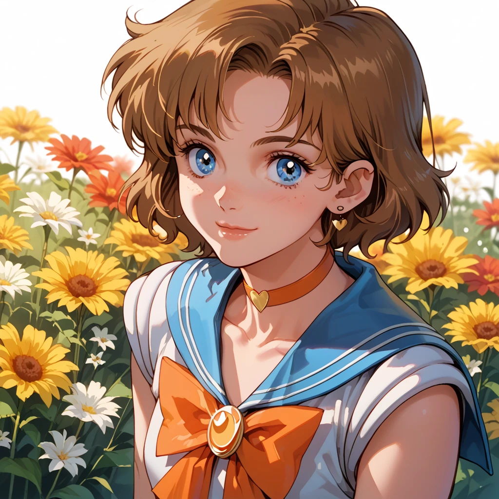 score_9, score_8_up, score_7_up, score_6_up,  Maxine Caulfield, Maxine_DE, brown hair, blue eyes, dressing a Sailor Moon costume, in a middle of a field of flowers, cute smile, closed mouth, aesthetic, 40s chill vibes, retro ilumination