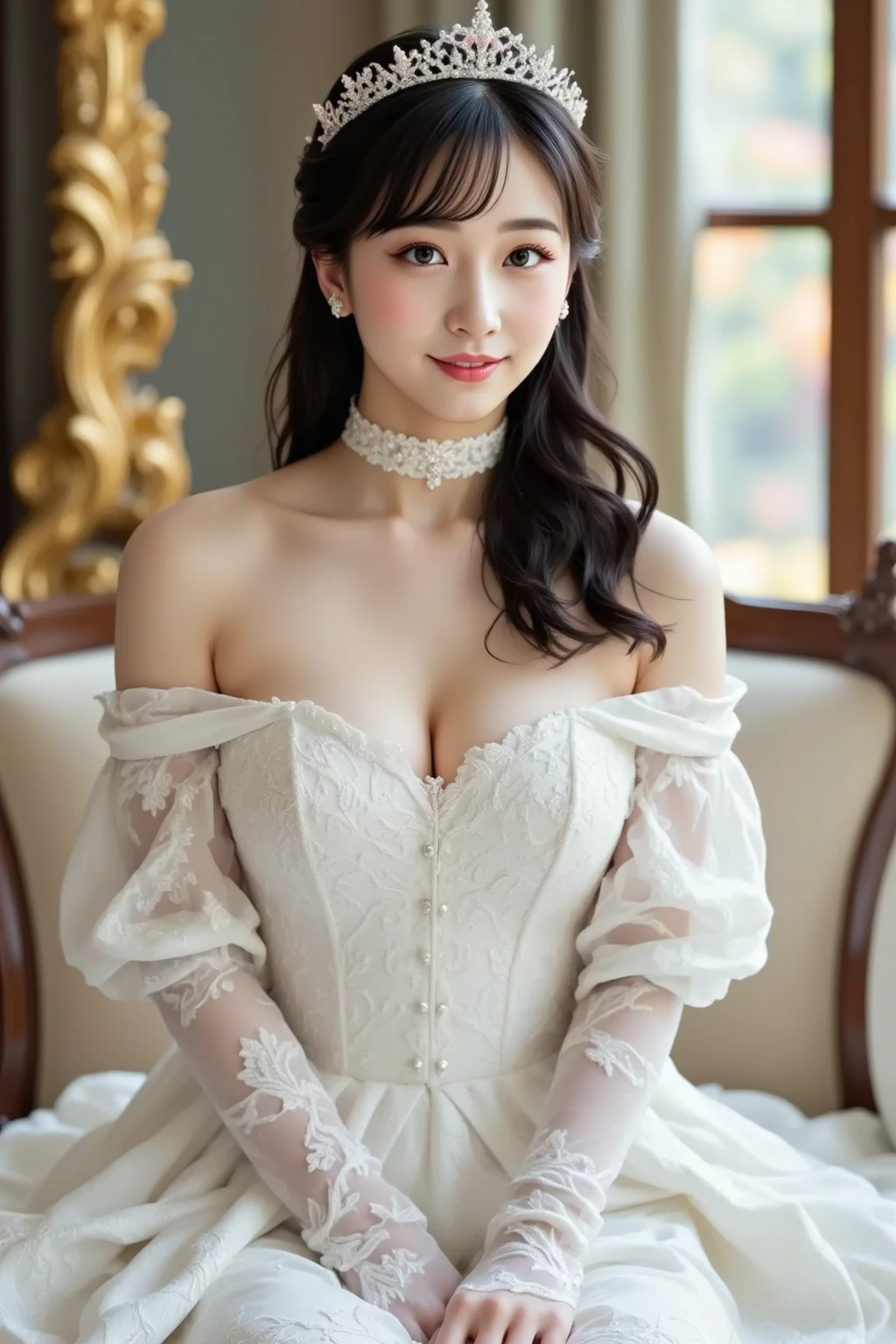 (nsfw), sexy stylish Swedish model, only 1 female, ((doll-like appearance)), short Auburn stylish hair, ((shiny Victorian-Style boots)), (big smile), ultra detailed eyes, vivid eye makeup, lipgloss, long lashes, defined eyebrows, ((sexy Paradise Kiss cosplay)), bell-shaped skirt, petticoats, high neckline, puffed sleeves, ((ultra detailed lace)), ((ultra detailed embroidery)), intricate details, Paradise Kiss accessoires and matching headpiece, choker, ((large sparkling Paradise Kiss jewelry)), cinematic light, detailed large park background with trees