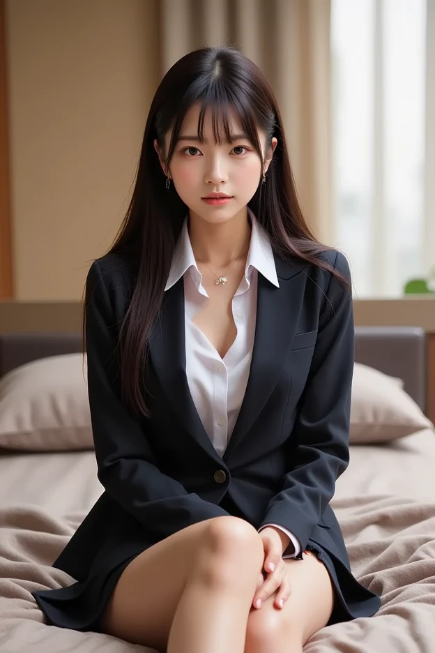 spread legs、upskirt、show off panties、Large breasts、Smirk、School uniform、 Blazer、 Cardigan、 Jacket、 Long sleeves、 tight skirts、 White shirt、leg up、prison、Skirt lift、panties under pantyhose、skirt lift