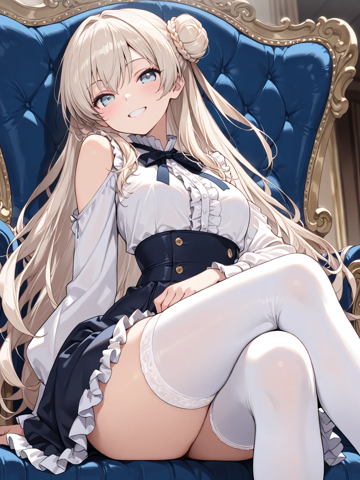 (masterpiece、highest quality、High resolution、realistic pictures、real looking skin:1.1)、
(A woman sits with her legs together on a sofa in a hotel lobby:1.8)、
(The length of the dress is so short that you can almost see her panties.:1.8)、
(looking at her from the front:1.8)、
(she has a grinning expression on her face:1.8)、
(She is wearing a grey-beige sleeveless turtleneck mini dress.:1.8)、
(These knee-high patterned stockings have gorgeous patterns on the elastic at the opening.:1.8)、
(I'm wearing black glittery high heels.:1.8)、
(The panties are purple and have a pattern on them.:1.5)、
(brown medium ponytail:1.5)、
(small face:1.5)、
(she is 25 years old:1.5)、
(Breasts are D-cups:1.5)、
(Location: Hotel lobby sofa:1.5)、
1 Japanese girl、solo、full body esbian、beautiful eyes、shining eyes、Shining thighs、NSFW