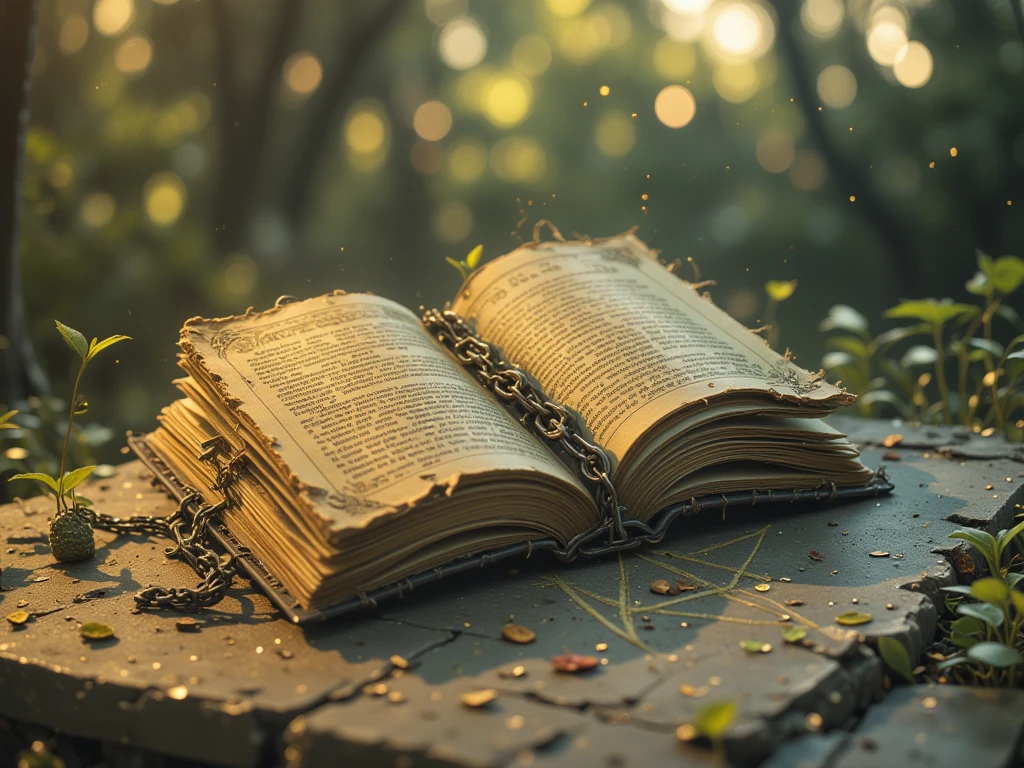 old book, grimoire, Forgotten by time, Ancient times, Magic book, Spell, chained book , Pentagram on the ground, vieux sale,  torn, sombre 